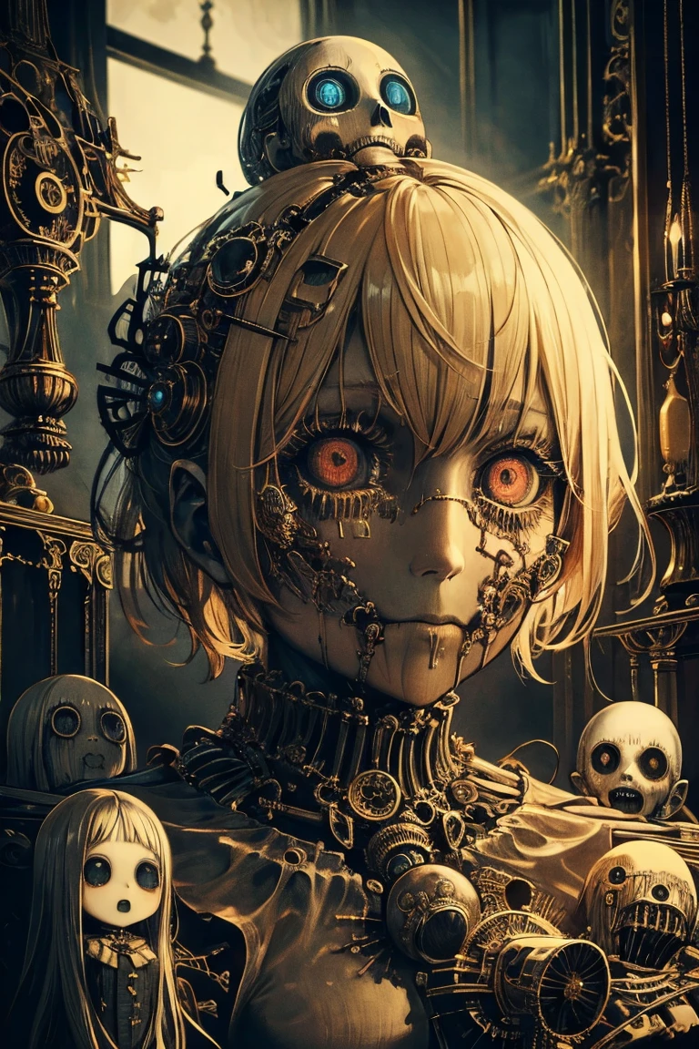 masterpiece ,   Machine doll girl takes off her mask。Granguignol  inspired creepy girl ball joint doll、 A girl doll with a broken 、clock work doll, Horror movies puppet show, 