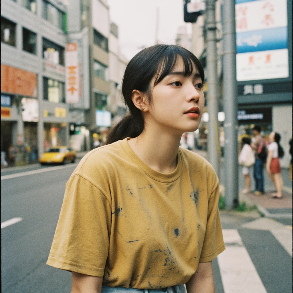 A city pop scenario. A japanese girl in 1985 tokyo looking like Maryia Takeuchi. A 1980 scenario in tokio. Analog video filter.