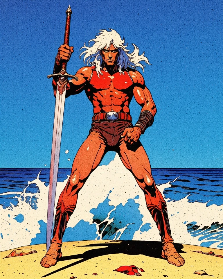 A vibrant, highly detailed, and dramatic painting. (80s Style), (Noise Effect:1.3), (VHS Grain Effect:1.2) Art style by Noriyoshi Ohrai, Art style by Moebius Jean Giraud, (masterpiece, 4k ,ultra detailed,raw photo:1.2),illustration,(symmetry:1.2),(art deco:1.4),(minimalism:1.4),(clean:1.4),(flat_color:1.4), k, HDR, highly detailed, ultra sharp
A powerful Saudi Arabian Bedouin warrior, his muscular form striking a dynamic, battle-ready pose against the backdrop of an expansive coastal landscape. He stands tall and proud, one hand firmly gripping the hilt of a mighty sword that arcs through the air, its blade gleaming in the vivid sunlight. His long, flowing hair, unbound by the constraints of a shirt, billows in the ocean breeze, emphasizing his wild and untamed spirit. The clear, cerulean sky stretches out behind him, devoid of any obstruction, providing a stark contrast to the tumultuous scene unfolding before it. The warrior's skin is sun-kissed and rippling with strength, a testament to his life of relentless adventure. Around his forearms, a set of black wristbands stand out, hinting at the trials he's faced and the battles he's conquered. The sandy beach underfoot is marked with the imprints of his decisive stance, leading the eye to the vast, azure ocean that reaches out to the horizon. The waves crash against the shore with a fury that matches the intensity in his eyes, as if the very sea is eager to bear witness to his valor. The moment is captured with a sense of impending conflict, the serenity of the scene belying the power and ferocity that is about to be unleashed. The warrior's presence is a commanding force, dominating the frame and capturing the essence of heroism and courage in the face of adversity. This captivating tableau encapsulates the epic saga of a desert nomad, whose legacy is written in the sands of time with each dramatic swing of his sword.