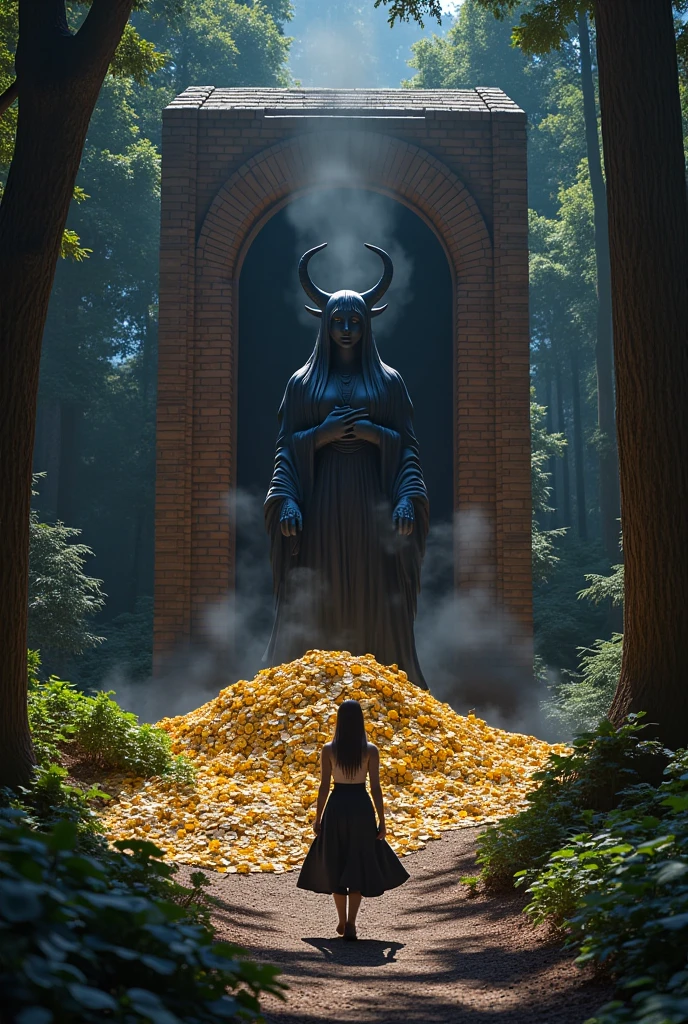 (masterpiece, best quality:1.2), woman found a treasure hunt in deep dark forest, forest is dim, Statue in the Deep dark Forest, black color smoke on statue, Statue is  withing the giant brick wall, Statue sit on tons of gold coins, statue is dark evil shape with horn