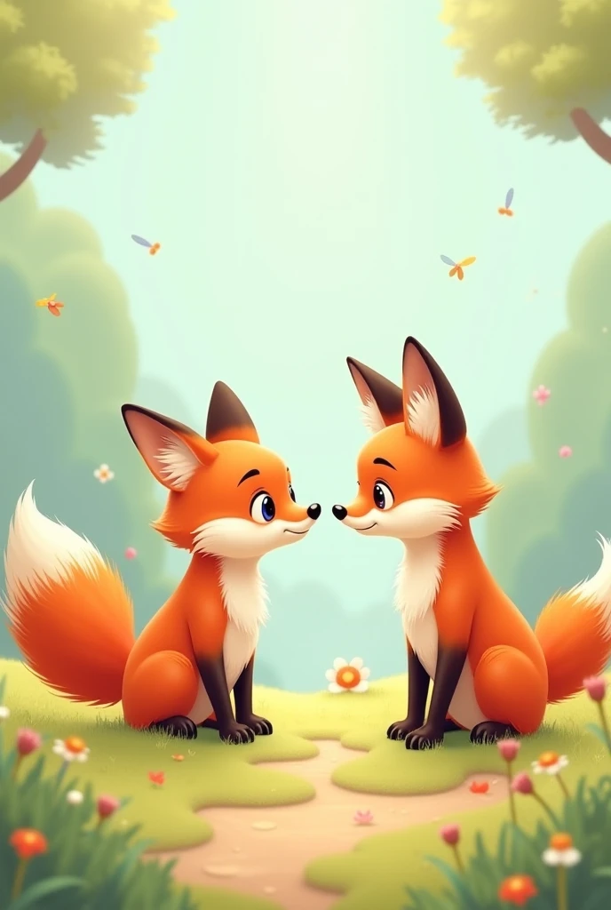 Red and pink Kemono fox male cute and a cute white fennec Kemono fox with yellow eyes black bow and necklace female in love and cute Kemono grey wolf in background upset and jealous 