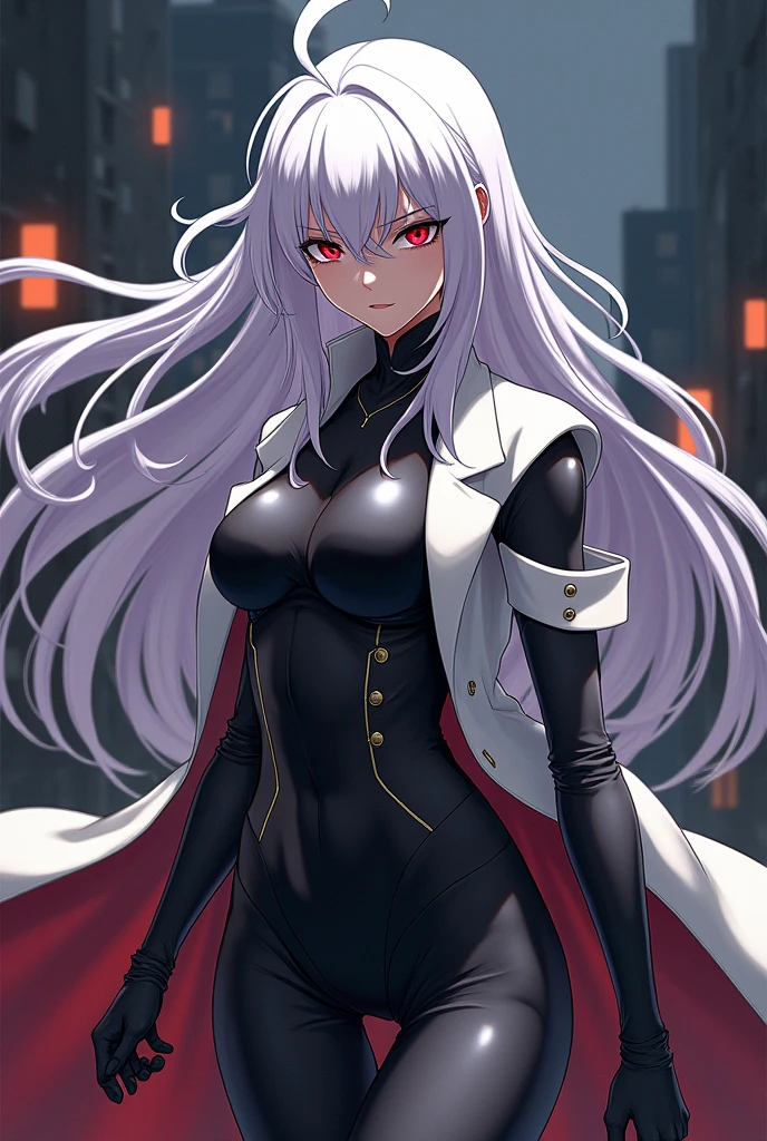 1girl,gigantic breasts,standing in ruined city,(8k),scratches,detailed face,white hair,red eyes,long hair,embarassed,small smile face,high_res, high_definition,the battlefield,Heroic pose,dark suit,military hat,black cape,(symbiote spider man Custome:1.1),
