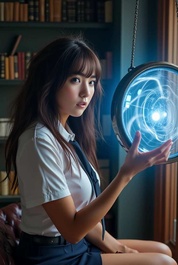 Beautiful japanese girl, wearing a self-defense officer uniform(White short-sleeved shirt and  navy blue tie and short sleeve and navy blue and pencil skirt), black patent high heels, she sitting in a classic study as the pocket watch hangs from just outside the frame, The pocket watch occupies 40% of the frame positioned in the center right slightly overlapping her face, Her gaze peels to the center of the pocket watch, The blue light spreads outward in multiple rippling arcs surrounding the pocket watch, The pocket watch is blurred, The scene has a mysterious hypnotic atmosphere with bookshelves and antique furniture in the background, sensual, enraptured, brown hair, bangs, floating hair, parted lips, unconscious, torogao, long hair, blurry foreground, cowboy shot, Surrealism, UHD, retina, masterpiece, accurate, anatomically correct, textured skin, super detail, high details, high quality, best quality, highres, 1080P, HD, 4K, 8k, 16k