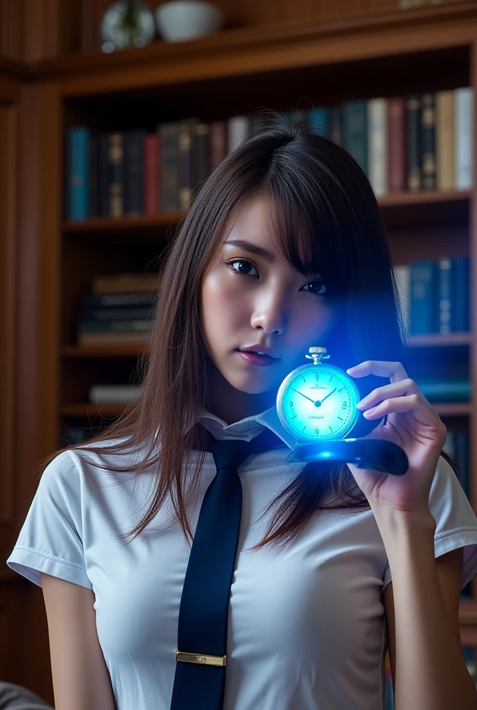 Beautiful japanese girl, wearing a self-defense officer uniform(White short-sleeved shirt and  navy blue tie and short sleeve and navy blue and pencil skirt), black patent high heels, she sitting in a classic study as the pocket watch hangs from just outside the frame, The pocket watch occupies 40% of the frame positioned in the center right slightly overlapping her face, Her gaze peels to the center of the pocket watch, The blue light spreads outward in multiple rippling arcs surrounding the pocket watch, The pocket watch is blurred, The scene has a mysterious hypnotic atmosphere with bookshelves and antique furniture in the background, sensual, enraptured, brown hair, bangs, floating hair, parted lips, unconscious, torogao, long hair, blurry foreground, cowboy shot, Surrealism, UHD, retina, masterpiece, accurate, anatomically correct, textured skin, super detail, high details, high quality, best quality, highres, 1080P, HD, 4K, 8k, 16k