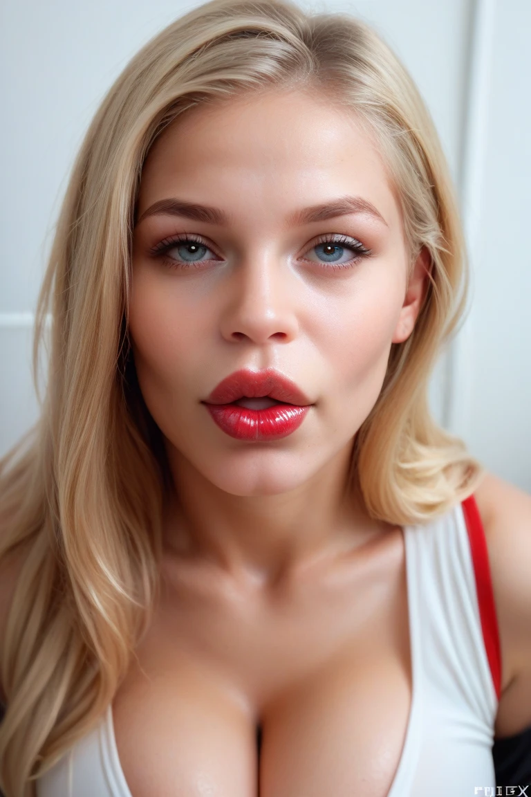 hot secretary, portrait, full front view, facing viewer, looking up at viewer, downview, long blonde hair, perfekt round boobs, cleavage, tight top, big lips, red lipgloss, expecting expression, light eye make-up