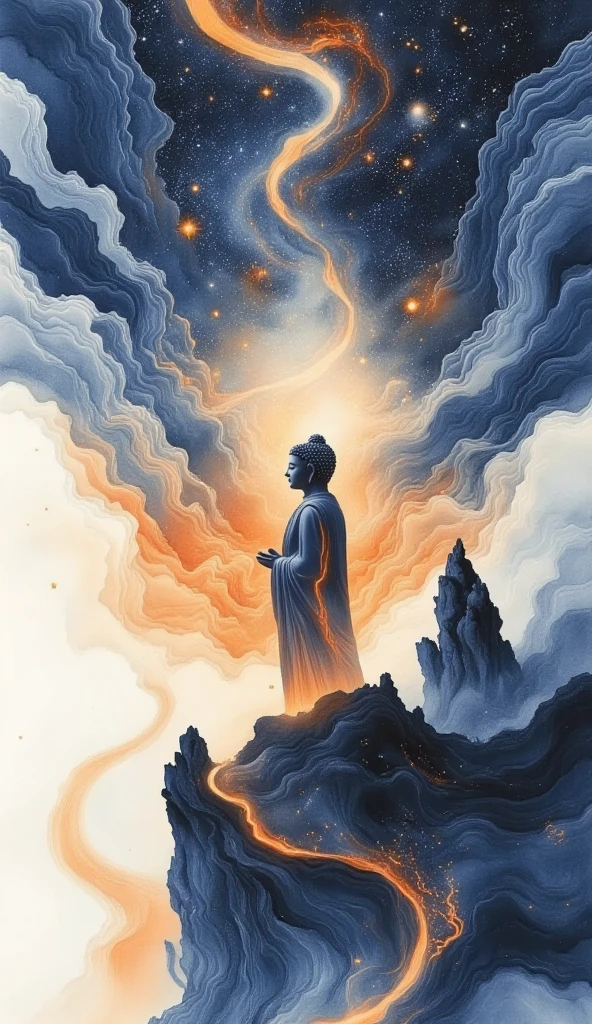 Buddha stands on a cliff and looks up at the starry sky, （ Exquisite silhouette），， surrounded by a vortex of cosmic energy ， shrouded in a fantastic mist 。Figure in a flowing robe .，Elegant，Light， merging with the flow of heaven and earth 。 The sky is dark purple and blue tapestry ，星Light点缀， The landscape below suggests soft 、Rolling mountains，星Light灿烂,  fantastic numbers , Ethereal精华, Unreal fantasy,  ethereal beauty ,  digital art fantasy , beautiful fantasy painting,  exquisite fantasy art , Stunning fantasy art, Inspired by  Cyril Rolando  ( Cyril Rolando ),  fantasy art style,  gently swirling magical energy ,  fantasy numbers ,  fantasy numbers 艺术, Ethereal, of Unreal fantasy，Artistic Beauty ，Gold Thread。Tracking Gold。
