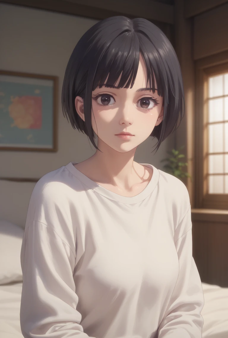  short black hair Asian  , Kimoon is red , Black eyes  ,  where is one girl's bedroom, unique, short hair,  heavy mountains ,  best quality, 