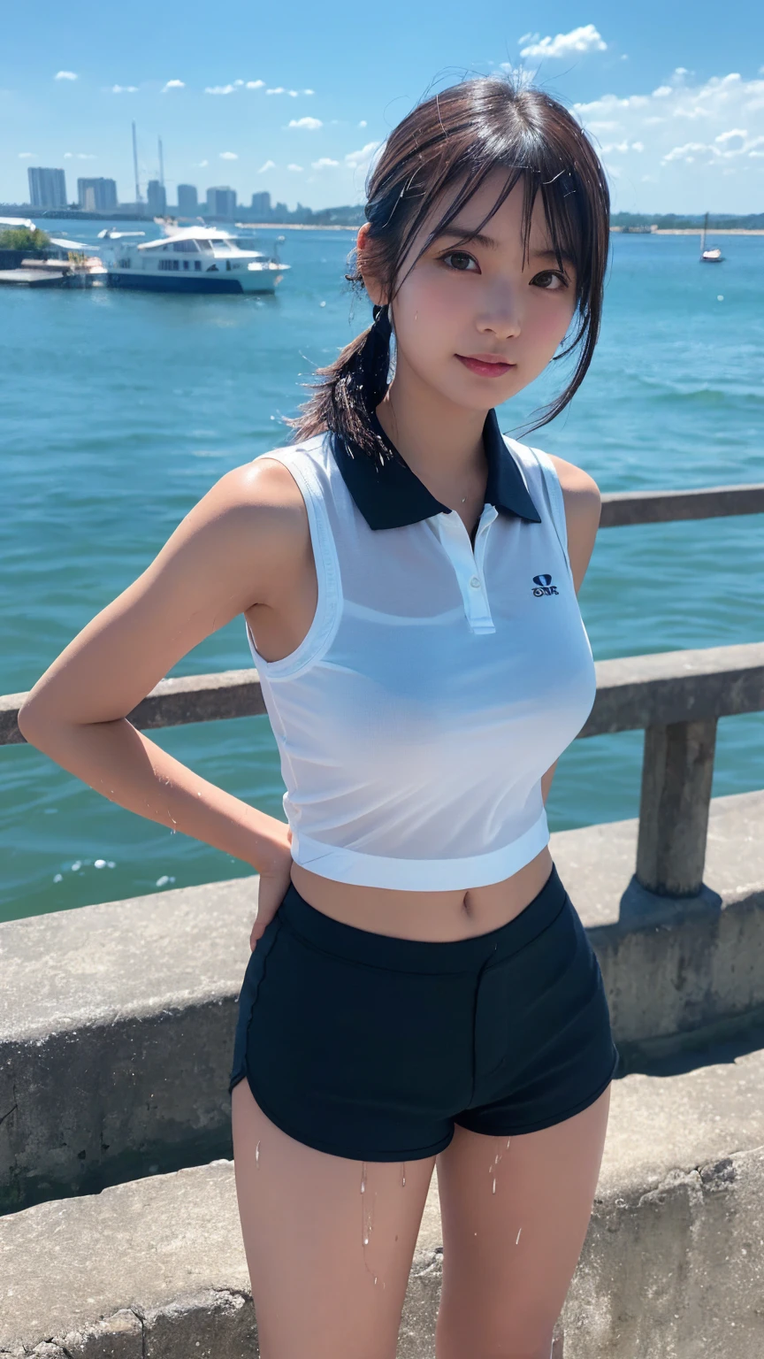 A girl, kneeling on the playground after school, (full body visible)), away from the audience.
She is slim, slender, petite, thin, (flat-chested), (small-)
She was sweaty, wet, and drenched. The clothes are transparent, there is sweat on the skin, and the hair is wet.
She stared at the audience. She wears a black ponytail.
She wore a school uniform, a rolled up white shirt with a blue collar, a colored corduroy sports bra under the shirt, blue shorts, and two layers.
Camera focused on her face, light shining on her face, very large aperture, ((f/1.2)), shallow depth of field, strong blur in background lens, ISO 3000, auto white balance,
Extremely detailed, professional lighting, soft light, original photos, Uniqlo fashion models,
best quality, masterpiece, award-winning photography, huge file size, 8k, high resolution,
Shot on a Sony DSLR.