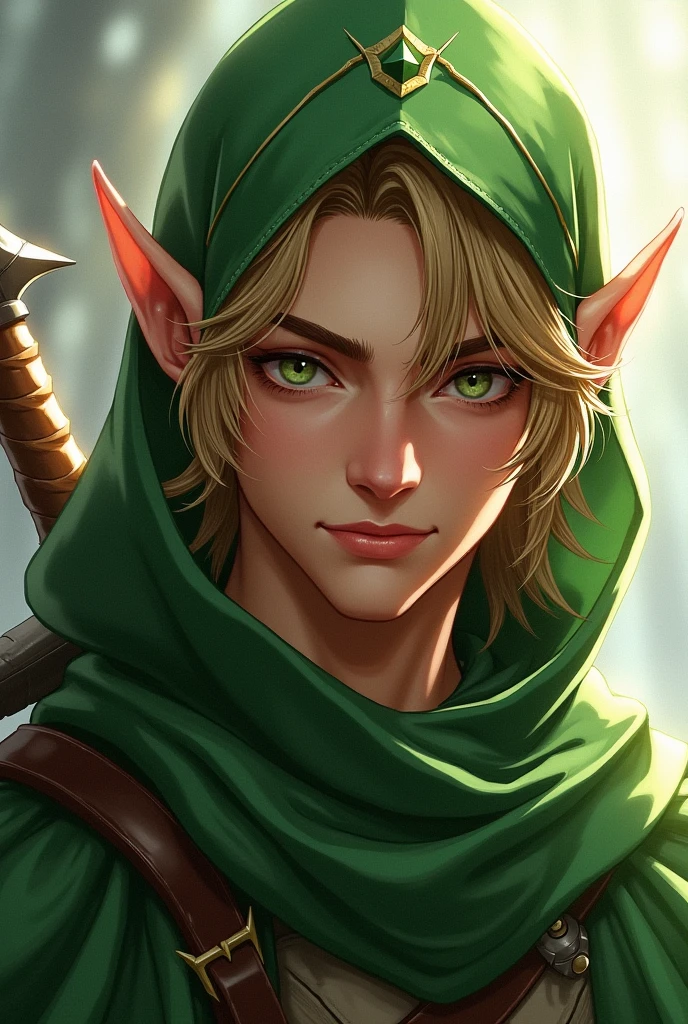 a close up of a person in a green outfit with a sword, a character portrait by Yang J, pixiv, fantasy art, a portrait of a male elf, a male elf, beautiful male elf, casimir art, male elf ranger, elven male, handsome guy in demon slayer art, inspired in kris from deltarrune, elven character with smirk