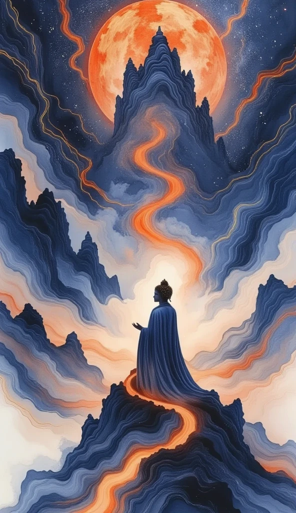 Buddha stands on a cliff and looks up at the starry sky, （ Exquisite silhouette），demon， surrounded by a vortex of cosmic energy ， shrouded in a fantastic mist 。Figure in a flowing robe .，Elegant，Light， merging with the flow of heaven and earth 。 The sky is dark purple and blue tapestry ，星Light点缀， The landscape below suggests soft 、Rolling mountains，星Light灿烂,  fantastic numbers , Ethereal精华, Unreal fantasy,  ethereal beauty ,  digital art fantasy , beautiful fantasy painting,  exquisite fantasy art , Stunning fantasy art, Inspired by  Cyril Rolando  ( Cyril Rolando ),  fantasy art style,  gently swirling magical energy ,  fantasy numbers ,  fantasy numbers 艺术, Ethereal, of Unreal fantasy，Artistic Beauty ，Gold Thread。Tracking Gold。
