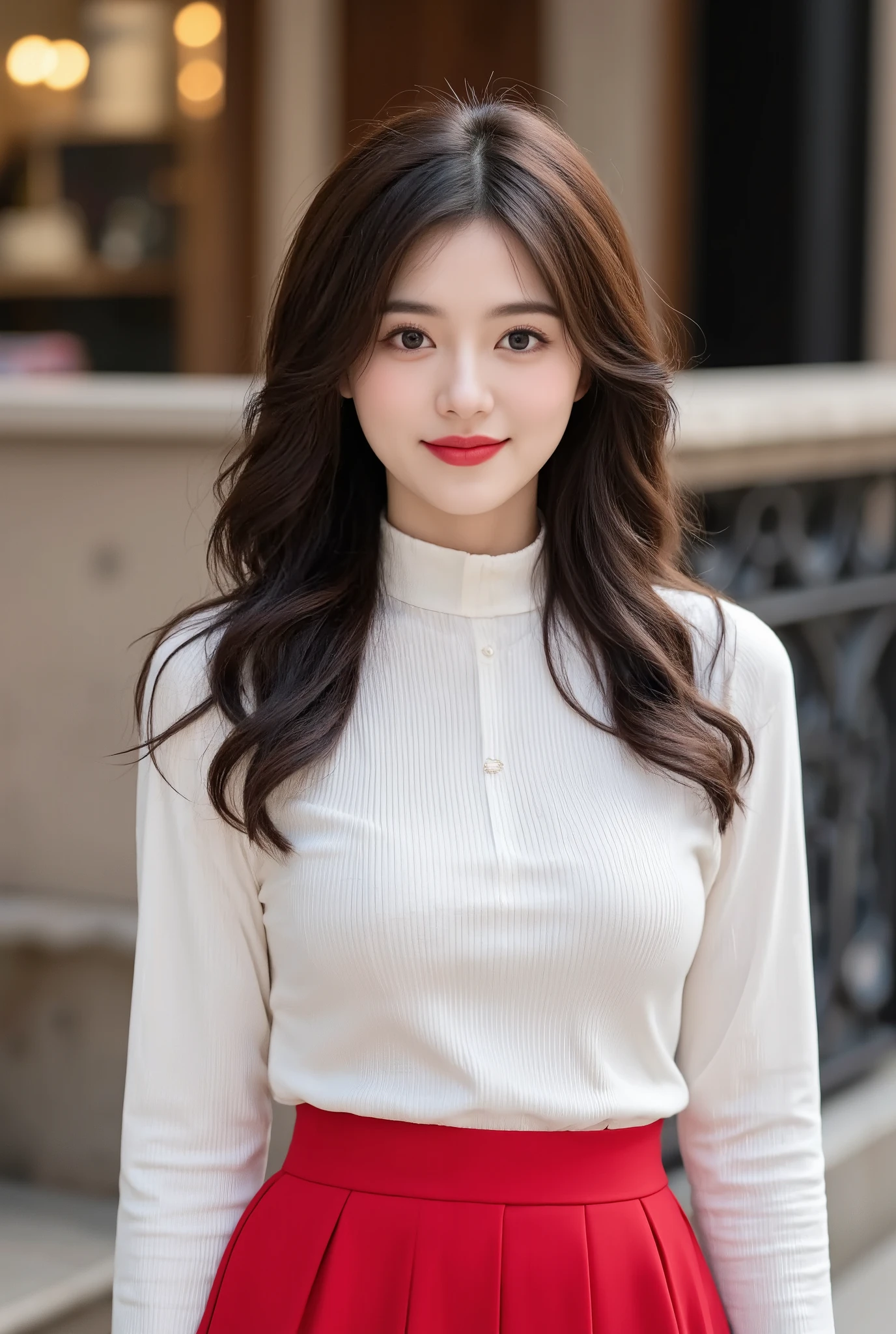beauty white skin Red lipstick eyeliner skirt long curly hair big