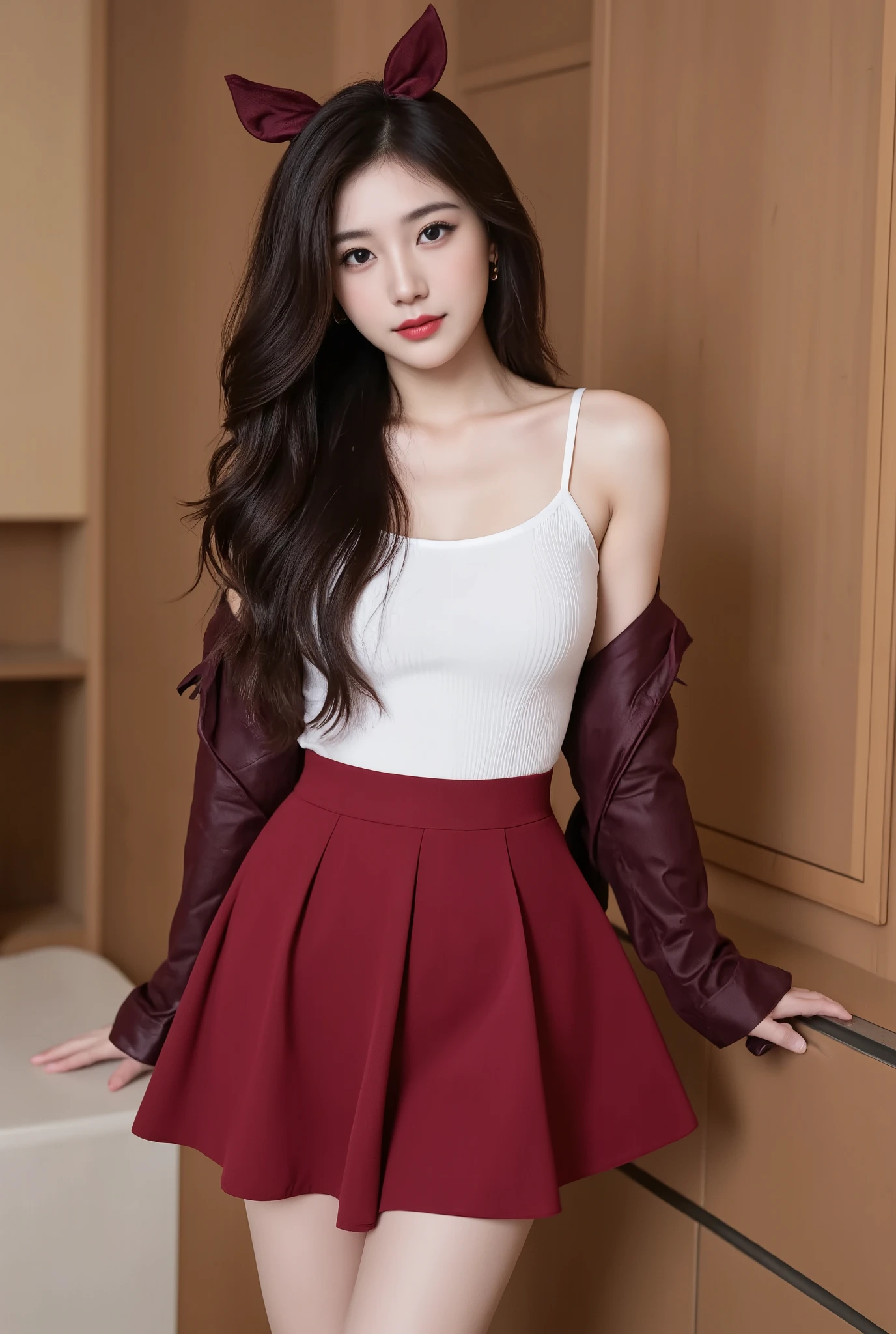 beauty white skin Red lipstick eyeliner skirt long curly hair big