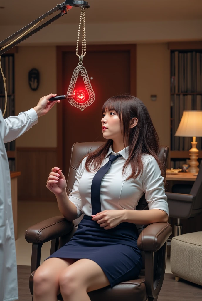 Sexy beautiful Japanese woman, a self defense officer uniform, white shirt, short sleeves, navy blue tie, navy blue pencil skirt, beautiful ass, Black patent high heels, Beautiful thighs, She is sitting in a recliner with a tilted back, undergoing hypnotherapy, A white-coated doctor standing outside the frame swings a red jeweled pendant in front of her face, She looks up at the pendant hanging above her head, Thependant occupies 40% of the frame positioned in the center left slightly overlapping her face, Her gaze peels to the center of the pendant, The red light spreads outward in multiple rippling arcs surrounding the pendant, The pendant is blurred, Large medical office with a relaxed atmosphere like a Western-style room with bookshelves and desks, sensual, enraptured, Perspective from above her head, brown hair, long hair, bangs, unconscious, torogao, parted lips, from above, Surrealism, UHD, retina, masterpiece, accurate, anatomically correct, textured skin, super detail, high details, high quality, best quality, highres, 1080P, HD, 4K, 8k, 16k