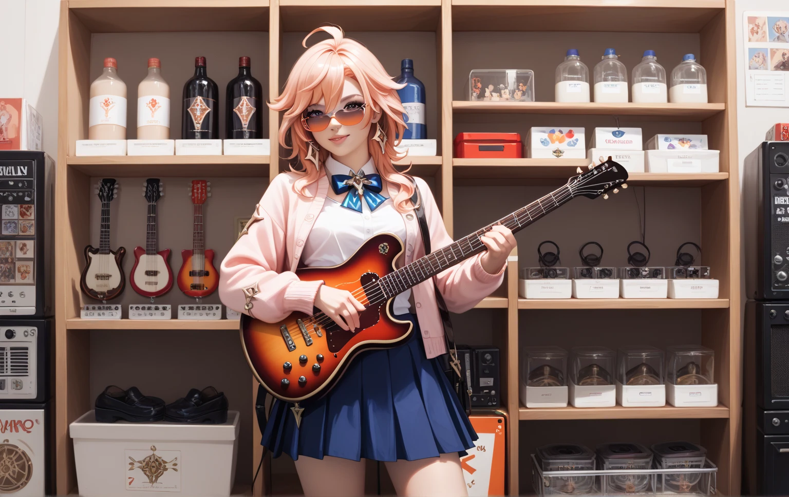 1girl, Mavuika (Genshin Impact), A photorealistic image of a young woman, wearing a light pink cardigan and a navy A-line skirt. She is standing next to a wall displaying a variety of colorful electric guitars. The guitars are in various shades of light pink, dark blue, navy blue, red, and more. The guitars are neatly hung on a light brown wooden wall. The background is a music store with shelves and bright lighting. The atmosphere is warm and friendly. The lighting casts subtle shadows on the guitars. The overall color palette is bright and vibrant. High resolution and sharp details. Photorealistic style.