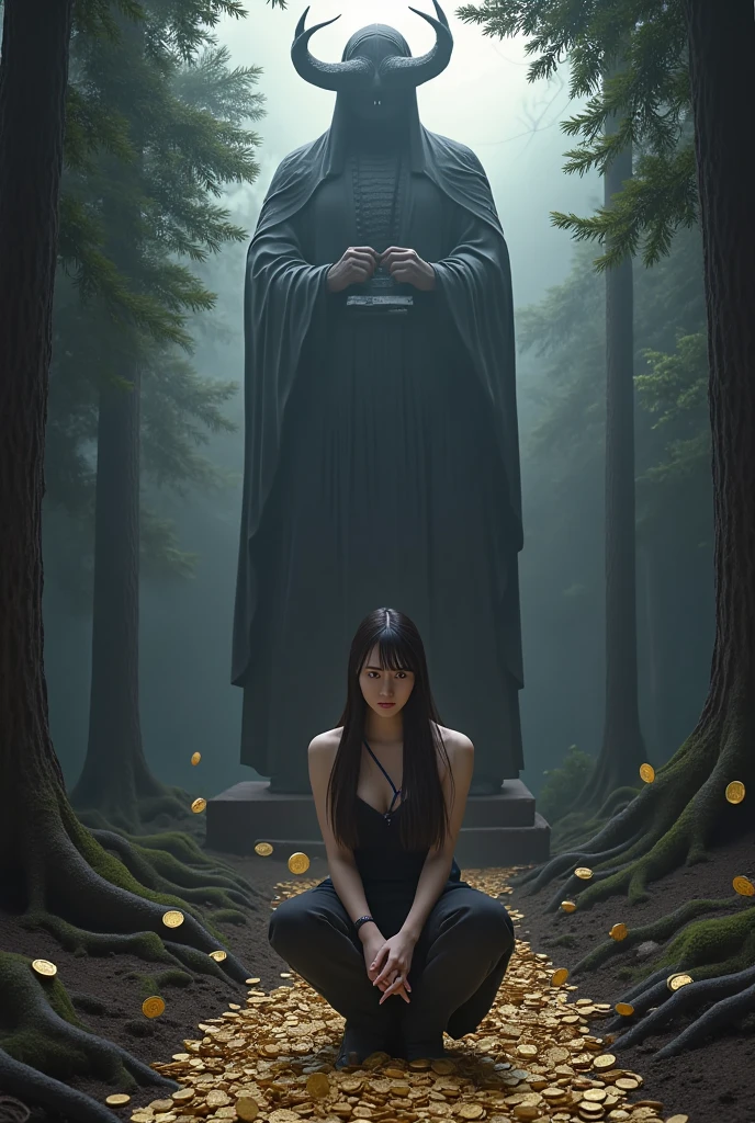 (masterpiece, best quality:1.2), woman is collecting the gold coins deep dark forest, Statue behind her, forest is dark and dim, Statue in the Deep dark Forest, black color smoke on statue, Statue is  withing the giant brick wall, Statue sit on tons of gold coins, statue is dark evil shape with horn