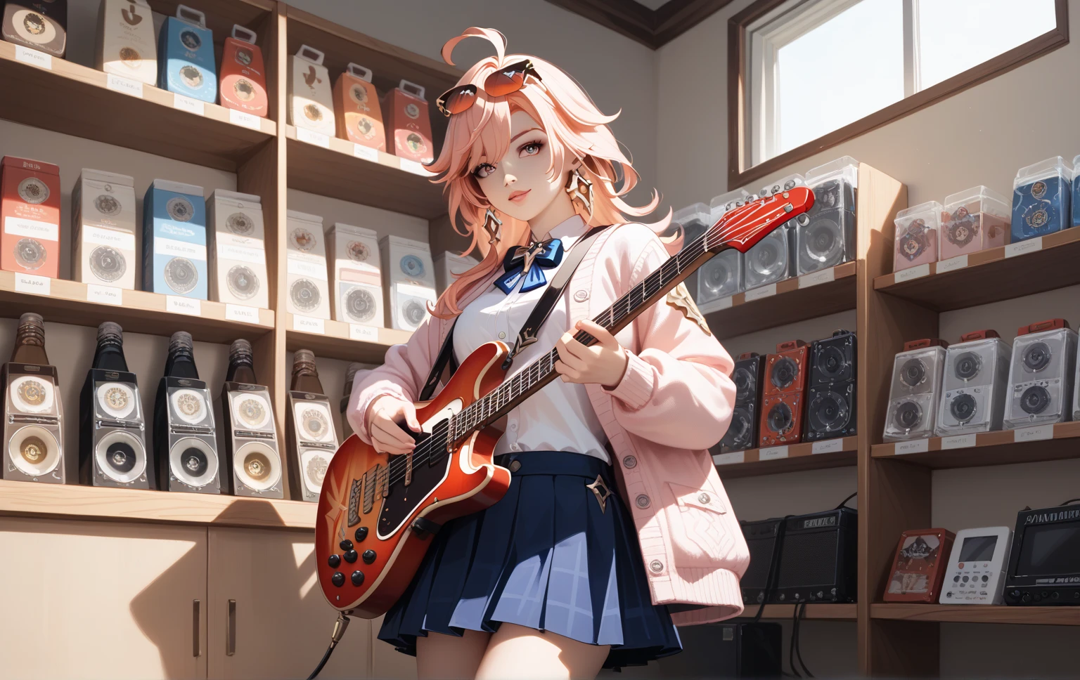 1girl, Mavuika (Genshin Impact), A photorealistic image of a young woman, wearing a light pink cardigan and a navy A-line skirt. She is standing next to a wall displaying a variety of colorful electric guitars. The guitars are in various shades of light pink, dark blue, navy blue, red, and more. The guitars are neatly hung on a light brown wooden wall. The background is a music store with shelves and bright lighting. The atmosphere is warm and friendly. The lighting casts subtle shadows on the guitars. The overall color palette is bright and vibrant.