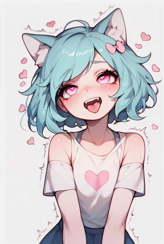 Cute girl, light blue hair, pink eyes, cat ears, blush, hearts, trembling, ahegao