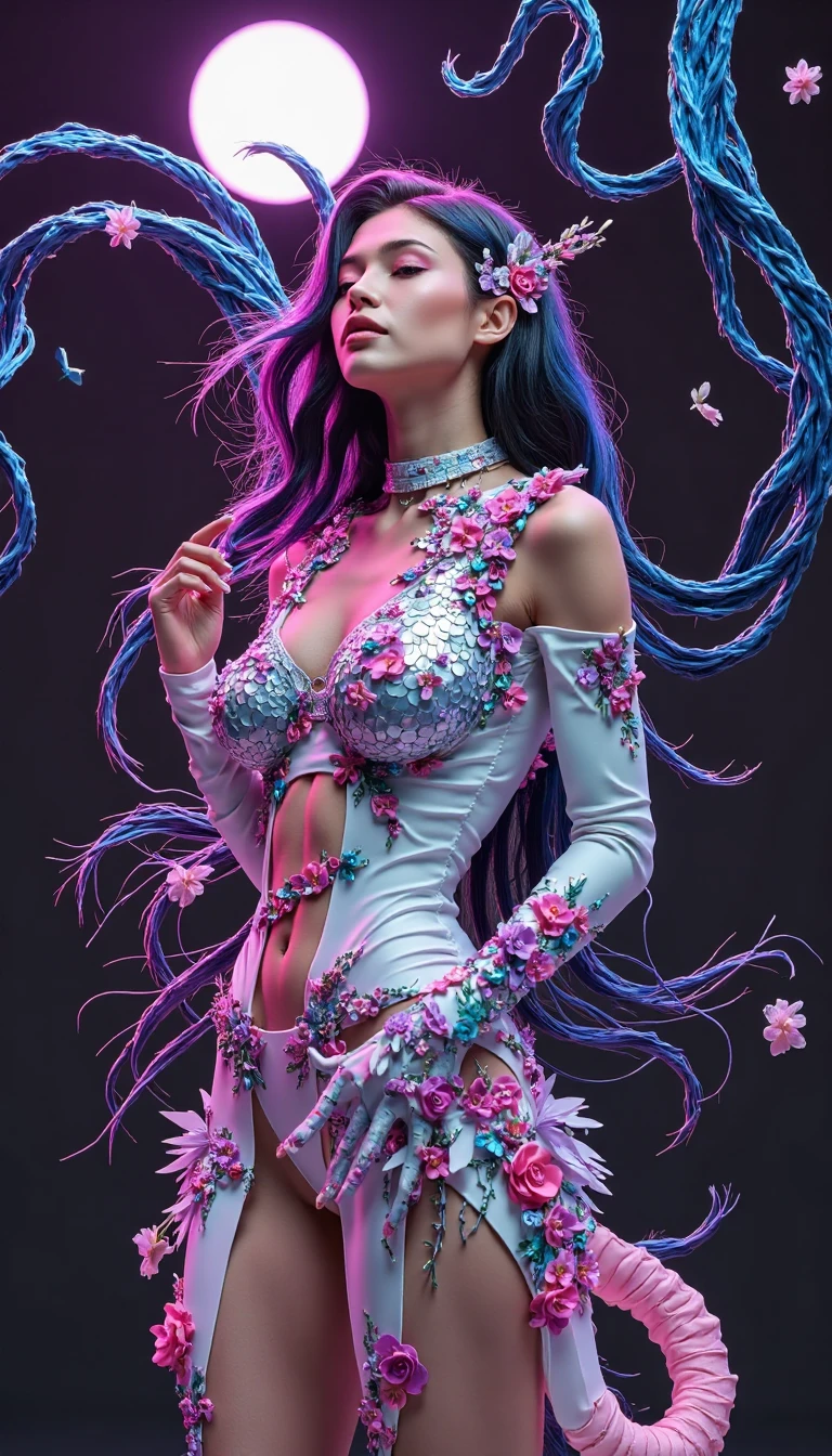 (dynamic pose:1.2),(dynamic camera),Slavic young_woman,long hair,full lips,(posing for magazine cover),(beautiful and aesthetic:1.2),(fashion clothes from lush ribbons and smoke fabrics:1.3),(colorful glowing geometric shapes background)
,(masterpiece, top quality, best quality, official art,extreme detailed,highest detailed,depth of field,bokeh:1.3,realistic lighting,complex, multiple subjects, 4k HDR),, in the style of intimacy, dreamscape portraiture,  solarization, shiny kitsch pop art, solarization effect, reflections and mirroring, photobash