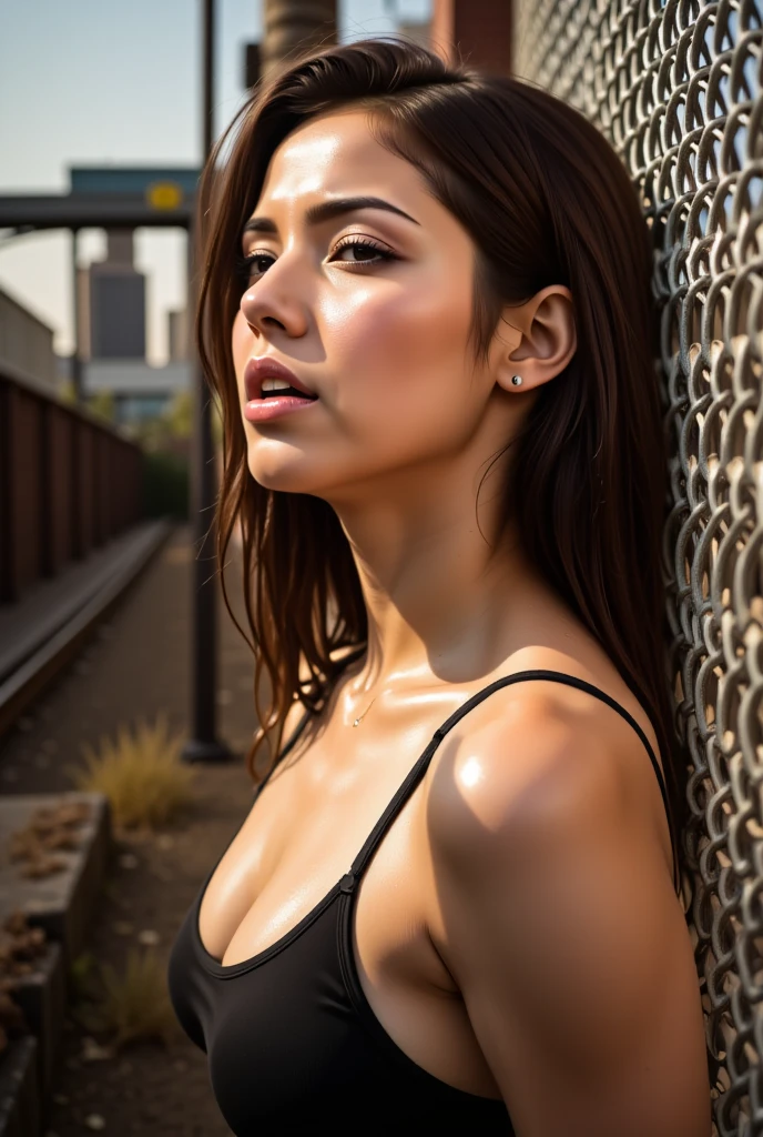  A gorgeous woman is seen leaning against a chain-link fence ,  soaks in warm water made of sheer , Golden Light.  彼女の表情teeth強烈で集中力があります ,   sharp shadows are cast all over her face from the fence  ,  teeth、It highlights her features .  wearing tank tops .  背景にteethぼやけた産業構造 ,   creates an urban and gritty atmosphere  . 全体のトーンteethムーディーで , 、 contrasting light and shadows  ,  evokes simplicity and contemplation in a harsh environment . 全体的な雰囲気teeth、 like a movie with a dreamy vibe , 35mm Film, ((  close eyes、 Mouth wide open ,Frowning, pain, scream, frown,)) retina, More Details  ,  high detail ,  high definition ,  Angelina Jolie  ,((  Sexy Women )) Beautiful skin , (( head back break screaming orgasm )) Nogizaka46 girl  ,  burning from under her face composition  ,(  surreal details 、  growing skin to interact with the audience)((  Super Realistic Photos  ))( realistic skin) Woman with an Ultra Hard Orgasm Makes a Strange Voice Smelling Like a Wild Beast, Woman with snot flowing out of her nostrils,(Tall, sharp nose)