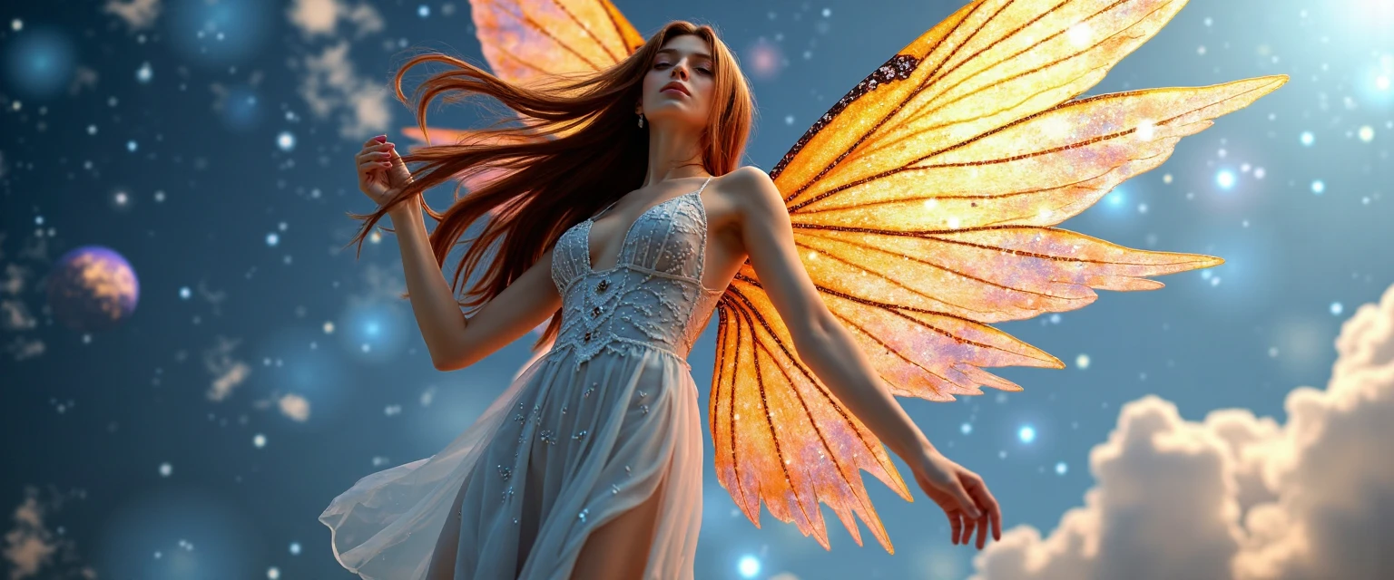 (best quality,4k,highres:1.2),ultra-detailed,(realistic,photorealistic:1.37),angelic creature,greatly resembling,(flawless woman:women),(translucent,flowing,billowing,chromatic) silks,(chromatic:brightly colored) butterfly wings,descend,from,a starry sky