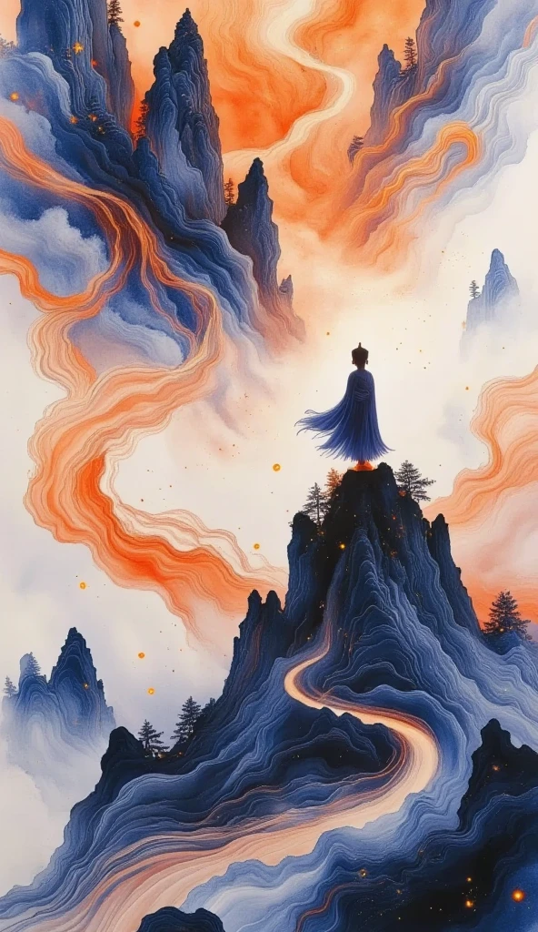 Buddha stands on a cliff and looks up at the starry sky, （ Exquisite silhouette），， surrounded by a vortex of cosmic energy ， shrouded in a fantastic mist 。Figure in a flowing robe .，Elegant，Light， merging with the flow of heaven and earth 。 The sky is dark purple and blue tapestry ，星Light点缀， The landscape below suggests soft 、Rolling mountains，星Light灿烂,  fantastic numbers , Ethereal精华, Unreal fantasy,  ethereal beauty ,  digital art fantasy , beautiful fantasy painting,  exquisite fantasy art , Stunning fantasy art, Inspired by  Cyril Rolando  ( Cyril Rolando ),  fantasy art style,  gently swirling magical energy ,  fantasy numbers ,  fantasy numbers 艺术, Ethereal, of Unreal fantasy，Artistic Beauty ，Gold Thread。Tracking Gold。
