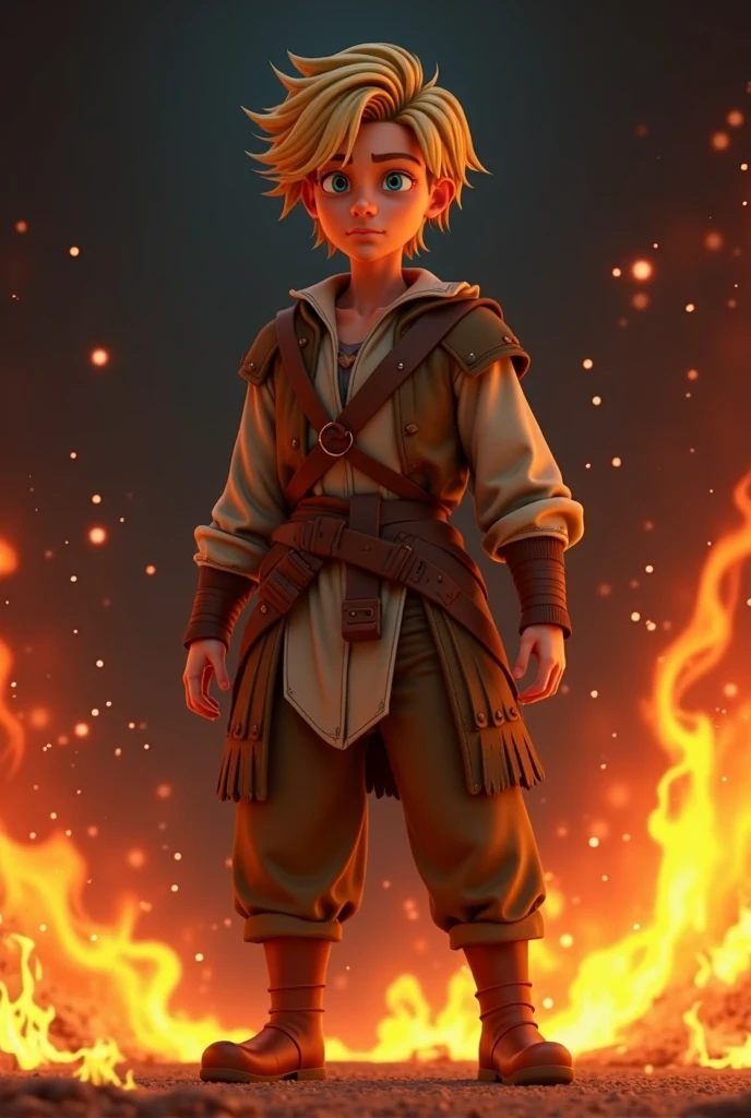Animated, Medieval - A 27-year-old vagabond with blond hair and blue eyes surrounded by flames standing in front of a black background