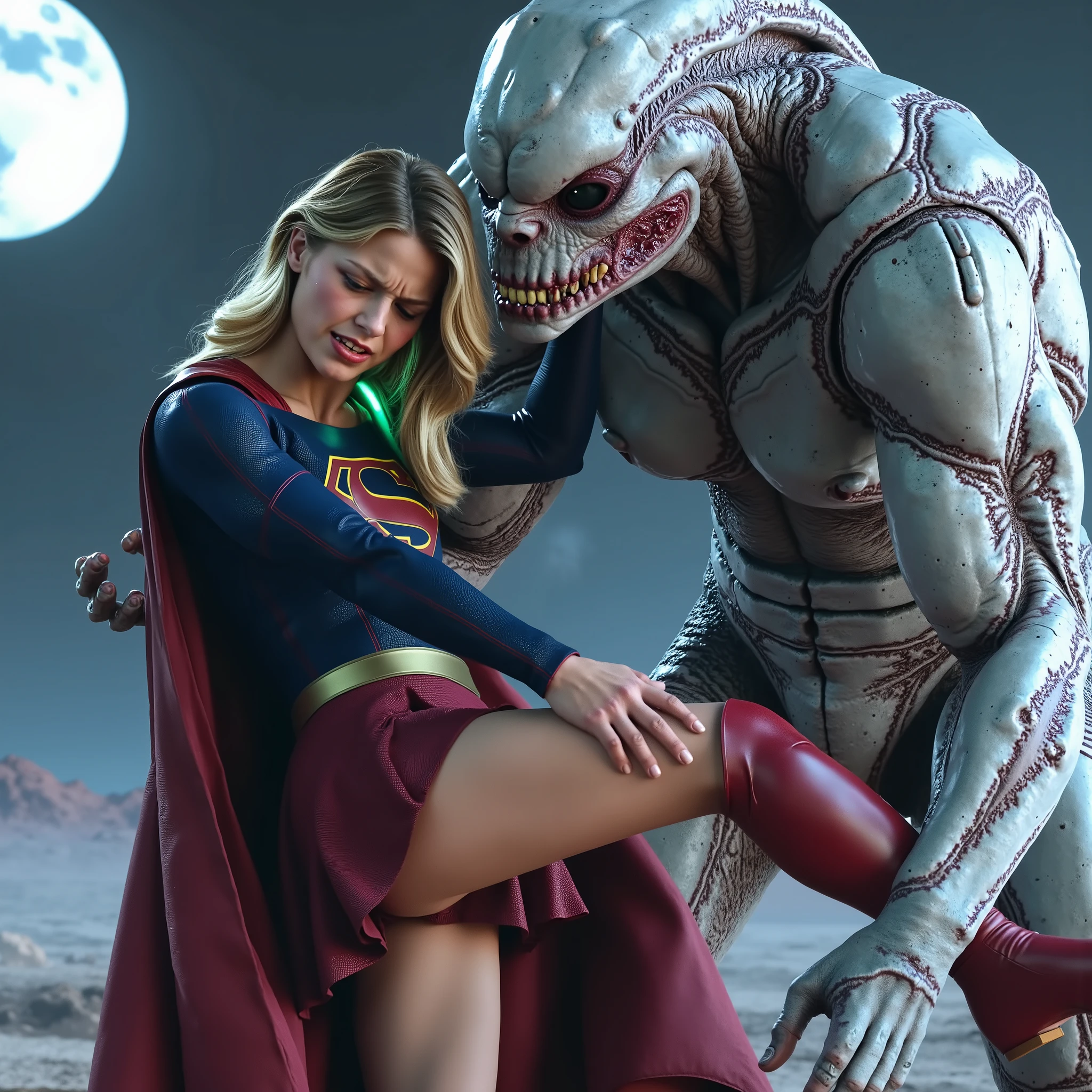 Supergirl is fighting with 2 big alien monsters, very bright white skin, can see whole body, She is wearing a thin black pantyhose, short red leather fabric skirt, red knee height long boots, blonde hair, lighting green collar on her neck, She is screaming in pain, seriously injured, painful, a huge body fierce Alien Monster hold and carry Supergirl body, the Alien Monster seize her body tightly and bite her neck, photorealistic, hyper realistic, night time on the Mar with moon lighting,