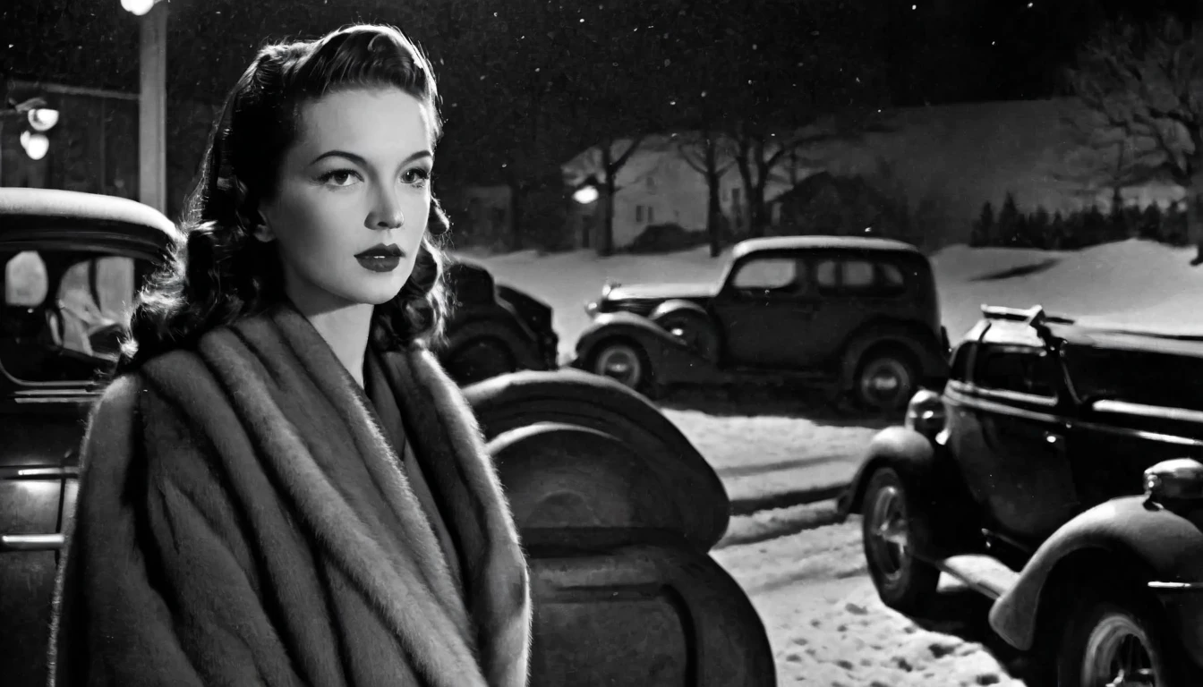 1940's 1950's Noamerican Snowy Night Bar entrance、 Beautiful woman standing beside a car wearing a coat, hat, and scarf。Vintage Car、Vintage Car、 inspired by Anka Zhuravleva、Classic Car、Classic Car、 vintage fashion 、By Brian Bolland、JC Leyendecker 8K、By Otto Schmidt、By José Comas Quesada、By Martin Ansin、JC Leyendecker 8K、By Roberto Parada、By Fred Kress、By Roy Dalgarno、By Craig Thompson、Cinematic。Art Deco