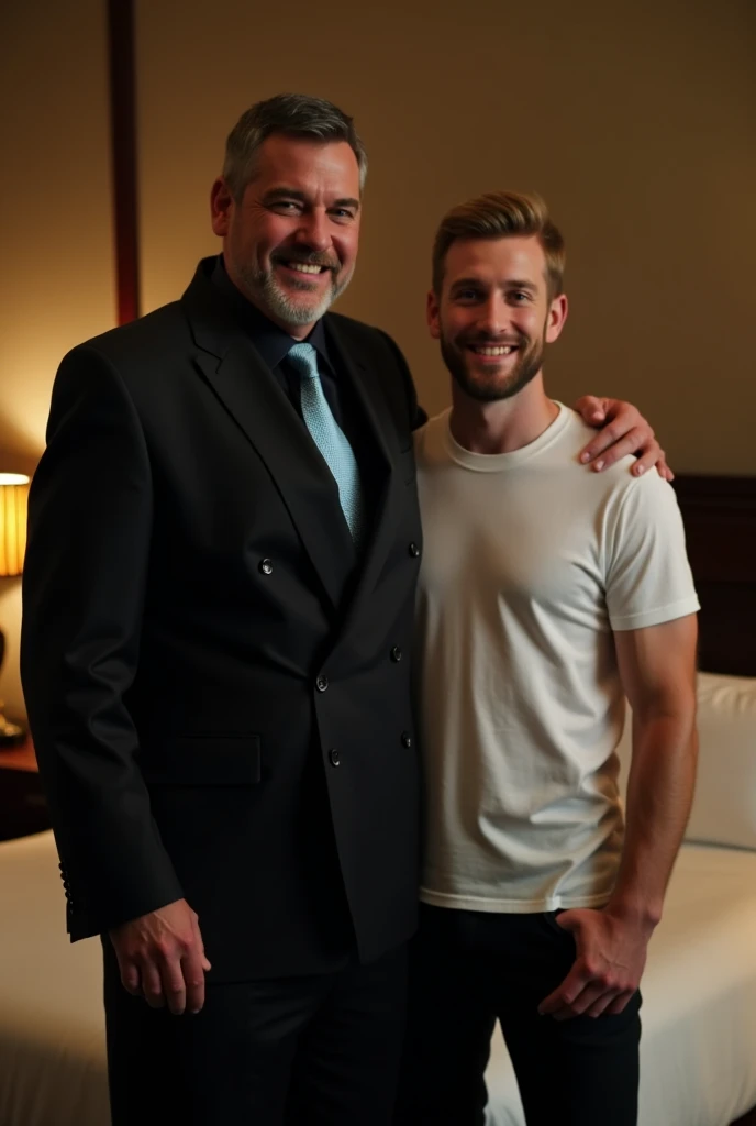 2 men surrounded by lots of old men , one old with a gray beard in a suit looking down smiling, the other man is very hairy and naked and erect penis and being groped   and muscular and embarrassed andbig beard and short hair , in a conference room surrounded by old men, perfect  anatomy penis