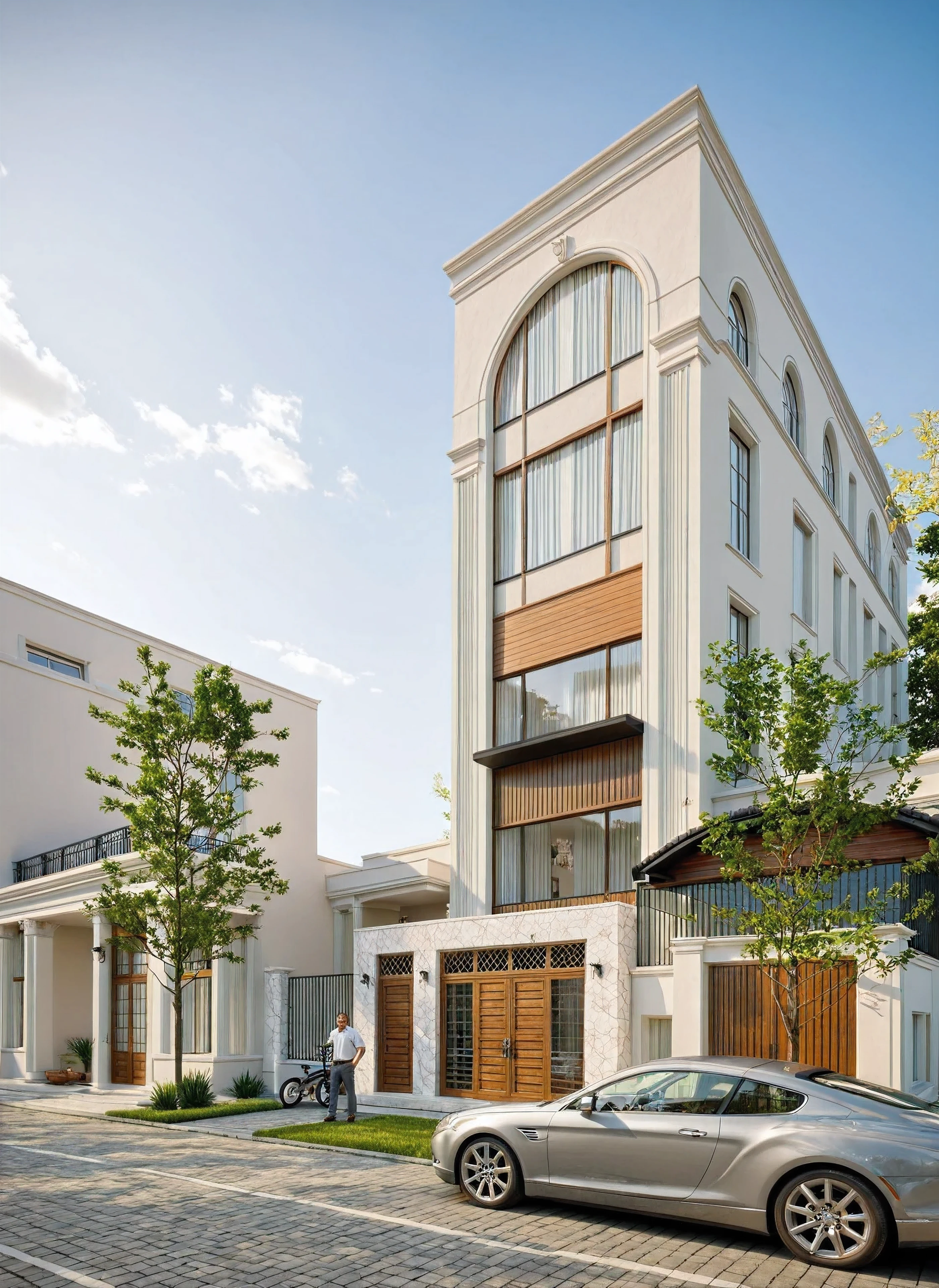 The image depicts a neoclassical two-story house with a white facade and tiled roof. Key features include:

- **Structure and Design:** Rectangular shape, elegant neoclassical details like decorative moldings and a small balcony.
- **Roof:** Dark-colored tiled roof with decorative finials.
- **Entrance:** Large arched doorway with carved wooden double doors and formal steps.
- **Windows:** Dark-framed, regularly spaced for symmetry.
- **Balcony:** Ornate metal railing and space for potted plants, covered by a white pergola.
- **Landscaping:** Greenery including trees and shrubs softens the architecture; stylized trees near the entrance.
- **Wall and Gate:** Low decorative wall encloses the property with a likely gate for access.

Overall, the house exudes classic elegance, complemented by landscaping and promotional context in Vietnamese., Best Quality,Masterpiece, UHD, 8k, Stunning,Eye-catching,Sharp edge render, Award winner design in 2024, Photorealistic, High-Resolution, Detailed, Accurate, Vibrant, Dynamic Lighting, Textured, Perspective, Atmospheric, Contextual, Balanced Composition, Material Realism, Interactive, Immersive, Narrative, Minimalist