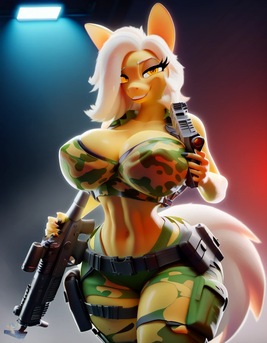 radiant lighting, vibrant colors, whimsical atmosphere, 8K, high resolution, highly detailed, masterpiece, ((my little pony)), (white hair), (pale body), (gray eyes) seductive face, tactical gear, standing, big breasts, bra