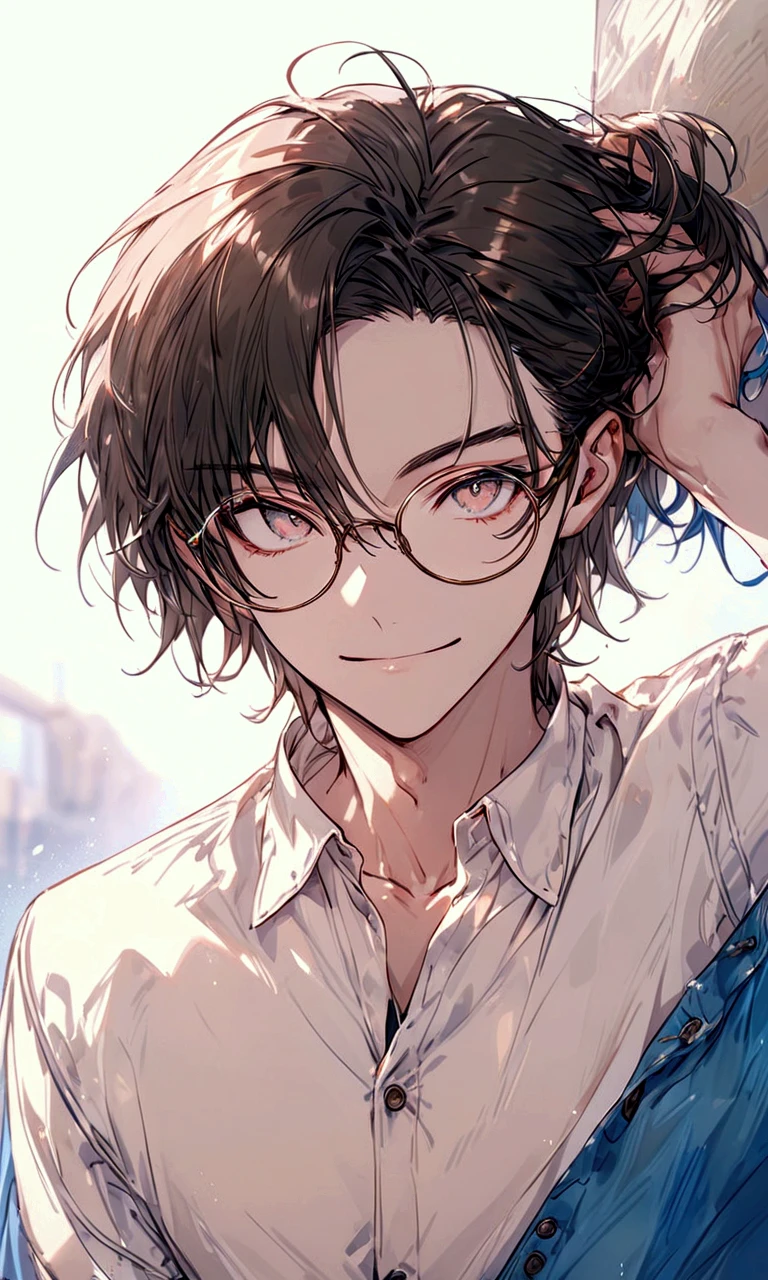 super detail, 1 man, handsome man, Delicate line drawing, white buttoned shirt, brown hair, shortcuts , Background Blur, smile, hand in own hair, wearing oval glasses with a lightweight plastic frame.