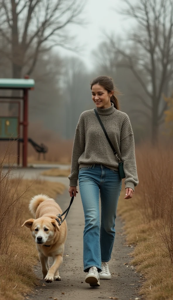 A woman takes her dog for a walk past an abandoned playground.