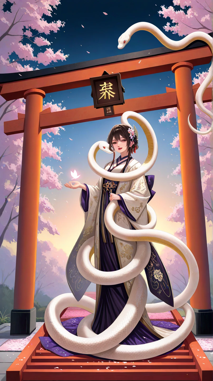 photorealistic snake dancing in front of a traditional Japanese torii gate, elegant snake movement, golden 'Happy New Year 2025' text, Japanese woodblock print style, intricate details, vibrant colors, mythical atmosphere, soft evening light, cherry blossom petals in background, zen garden setting, high resolution, sharp focus