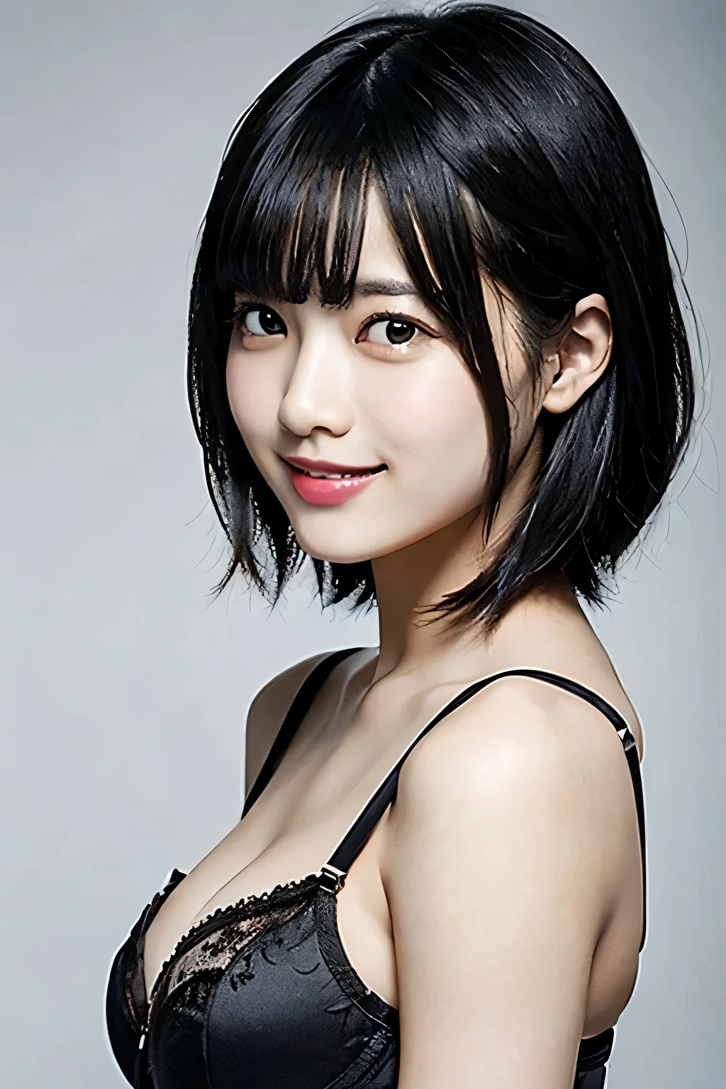 from the side 1 girl , woman, Masterpiece, best quality , best quality , photorealistic , Japanese woman、Age 25、Mid-chest、Wear a black lace bra. upper body、smile、( High Resolution :1.2), ( high contrast ), photograph, Detailed and complex, portrait, very detailed, Audience , Single color background、