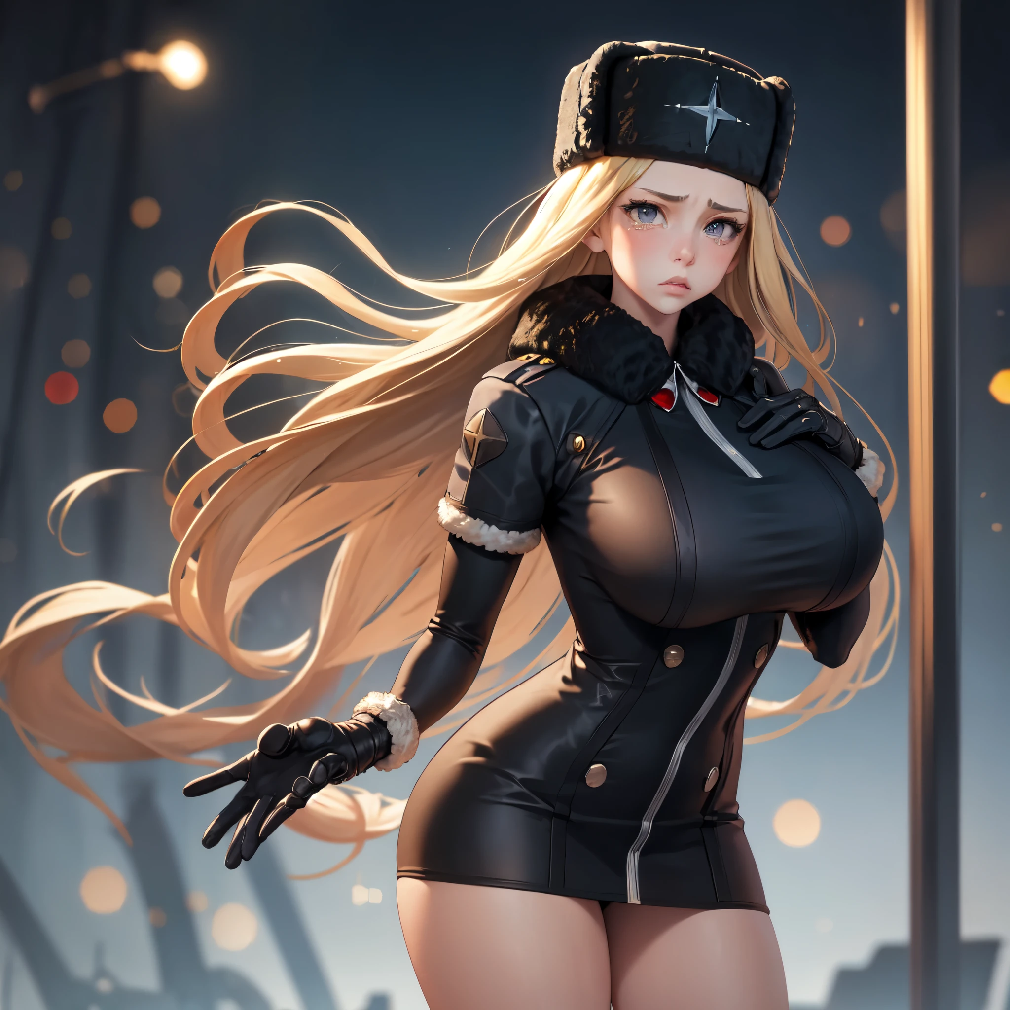 Masterpiece, best quality , SF Colin, fur hat, Black Coat , gloves, upper body,Black Panty Shot, thunder ,slouch , Bokeh, frowned , , stare at viewers, is standing , huge breasts ,Bare legs, miniskirt , sad expression ,tears