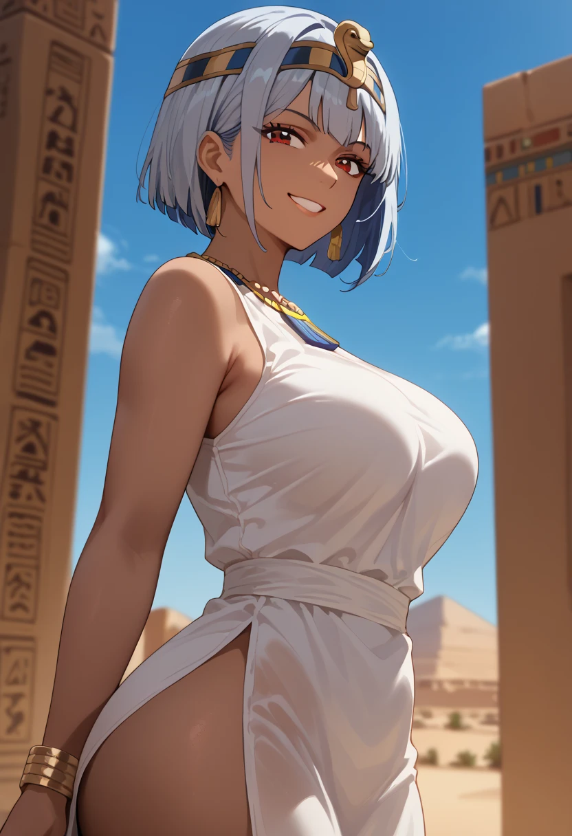 Masterpiece,  best quality ,  artist:7saki  ,  from the side 1 girl , Alone, adult,  mature, ( brown skin next to a woman, tanned skin ),  Silver Hair,  short hair ,  wolfcut, red eyes,  white shirt,Big Breasts、 shooting from below 、( gold and blue hair ornament, gold and blue necklace )、( big butt)、( muscularity)、(Egyptian Style Clothes 、 Egyptian Style Decor)、(Vast desert、blue sky)、(Sleeveless)、( smirking face)、