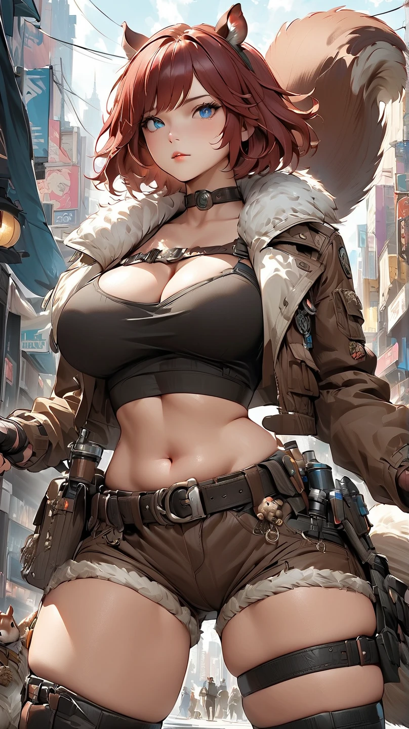 best quality,4k,8k,highres,masterpiece:1.2),ultra-detailed, extremely detailed eyes, extremely detailed body, (large masterpiece digital art), (detailed manga illustration), (detailed line art), ((perfect anatomy)), (intricate details:1.3), (ultra-detailed:1.3), (illustration:1.3), (sharp focus:1.3), (natural lighting:1.05), (vivid colors:1.3), (masterpiece), best quality, expressive eyes, perfect face, 1girl, acorn, animal ears, belt, black thighhighs, blue eyes, breasts, ((red-brown hair)), brown footwear, brown jacket, brown shirt, brown shorts, choker, crop top, cropped jacket, freckles, fingerless gloves, fur collar, gloves, jacket, large breasts, muffin top, (plump), short hair, short shorts, shorts, squirrel, squirrel ears, ((squirrel tail)), tail, thick thighs, thigh gap, thighs, thighhighs, wide hips, heroic atmosphere, Beautiful woman, Atey Ghailan, Jeremy Mann, Greg Manchess, Antonio Moro, trend in ArtStation, trend in CGSociety, Intricate, High Detail, Sharp focus, dramatic and photorealistic painting art by Midjourney and Greg Rutkowski, Marvel Cinematic Universe style, (((dynamic action pose))), ((fighting pose)), (New York city in background)