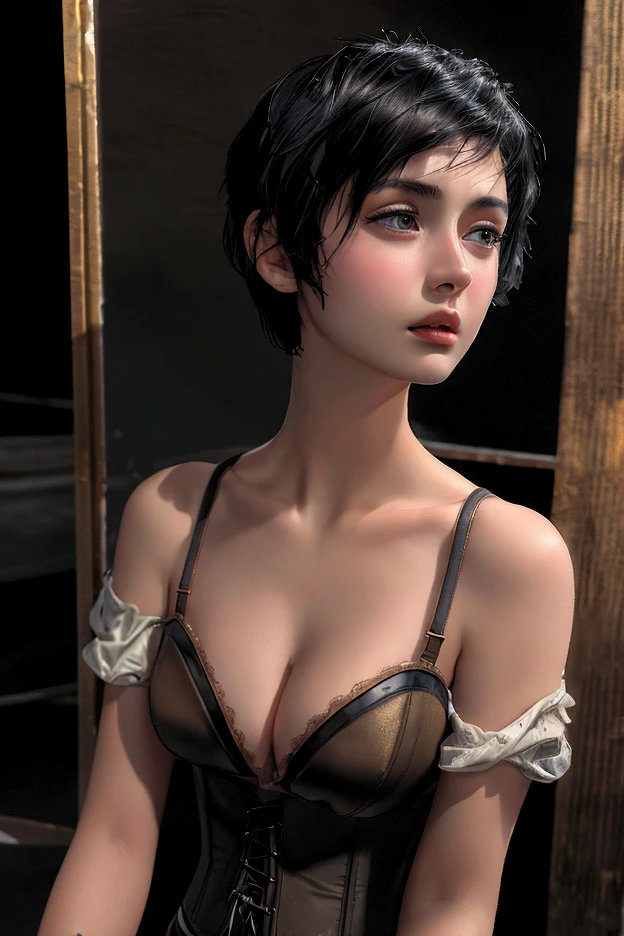 Hairy young woman headshot with dark red top and white tiny skirt, short brown hair and big eyes, androgynous face, short hair, curly pixie hair, curly pixie cut hair, half body headshot, there is a woman with black hair and big eyes, 1 -9 years old, androgynous person, profile picture, small lips, pointed nose, realistic body structure, sipping coffee, showing some adult body lines