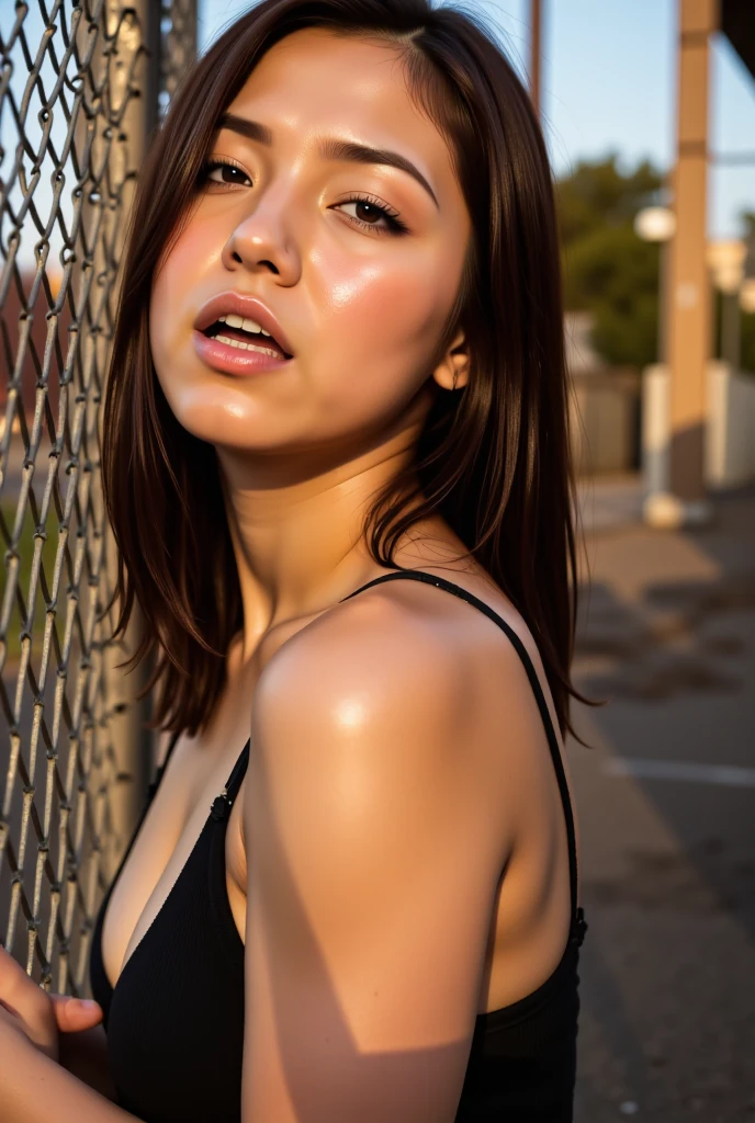  A gorgeous woman is seen leaning against a chain-link fence ,  soaks in warm water made of sheer , Golden Light.  彼女の表情teeth強烈で集中力があります ,   sharp shadows are cast all over her face from the fence  ,  teeth、It highlights her features .  wearing tank tops .  背景にteethぼやけた産業構造 ,   creates an urban and gritty atmosphere  . 全体のトーンteethムーディーで , 、 contrasting light and shadows  ,  evokes simplicity and contemplation in a harsh environment . 全体的な雰囲気teeth、 like a movie with a dreamy vibe , 35mm Film, ((  close eyes、 Mouth wide open ,Frowning, pain, scream, frown,)) retina, More Details  ,  high detail ,  high definition ,  Angelina Jolie  ,((  Sexy Women )) Beautiful skin , (( head back break screaming orgasm )) Nogizaka46 girl  ,  burning from under her face composition  ,(  surreal details 、  growing skin to interact with the audience)((  Super Realistic Photos  ))( realistic skin) Woman with an Ultra Hard Orgasm Makes a Strange Voice Smelling Like a Wild Beast, Woman with snot flowing out of her nostrils,(Tall, sharp nose)