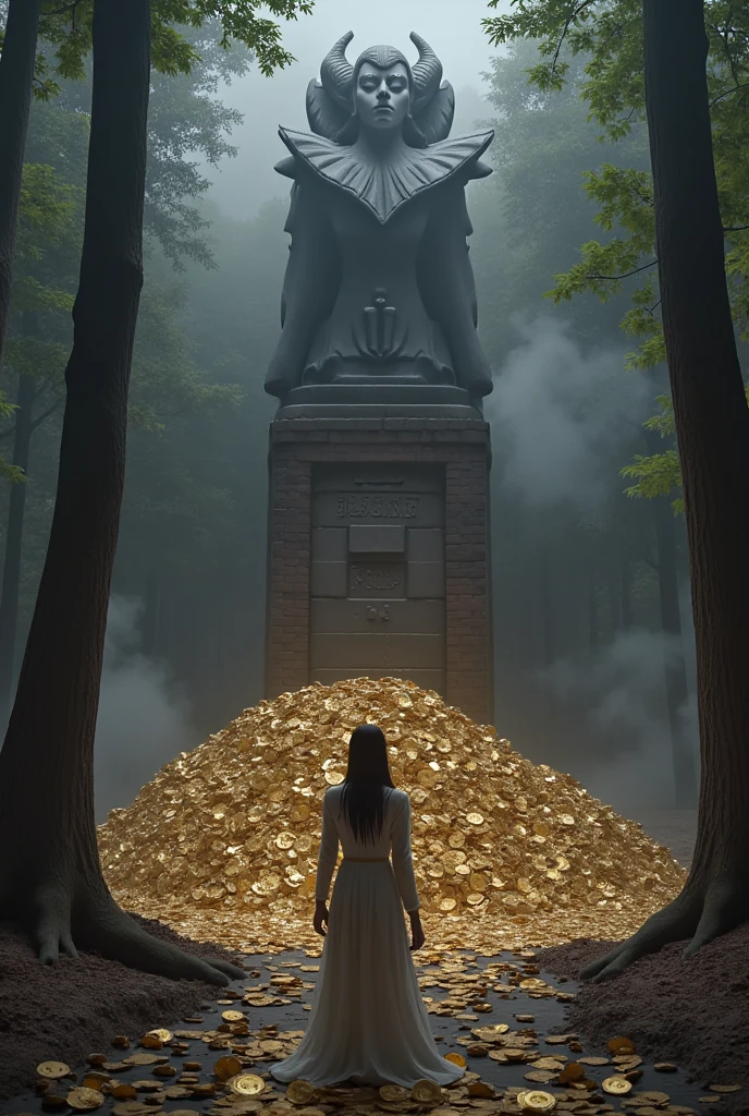 (masterpiece, best quality:1.2), woman is collecting the gold coins deep dark forest, Statue behind her, forest is dark and dim, Statue in the Deep dark Forest, statue is covered by black smoke, Statue is  withing the giant brick wall, Statue sit on tons of gold coins, statue is dark evil snake shape with horn