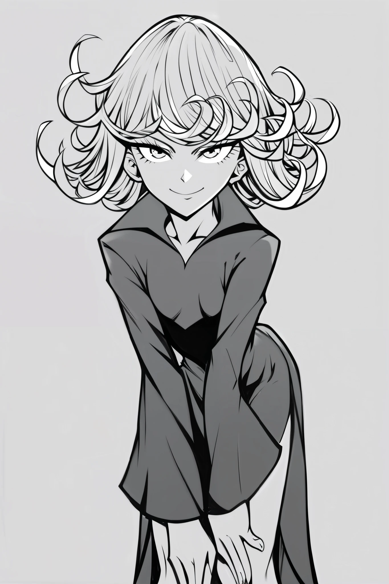 score_9, score_8_up, score_7_up, score_6_up, score_5_up, score_4_up,  
BREAK
monochrome, greyscale, (masterpiece: 2.0), best quality, perfect anatomy, perfect composition, perfection, line art, line art
BREAK
masterpiece, best quality, tatsumaki from one punch man, black dress, smile, smug, cowboy shot, leaning forward, smile, looking at viewer, shiny skin,
