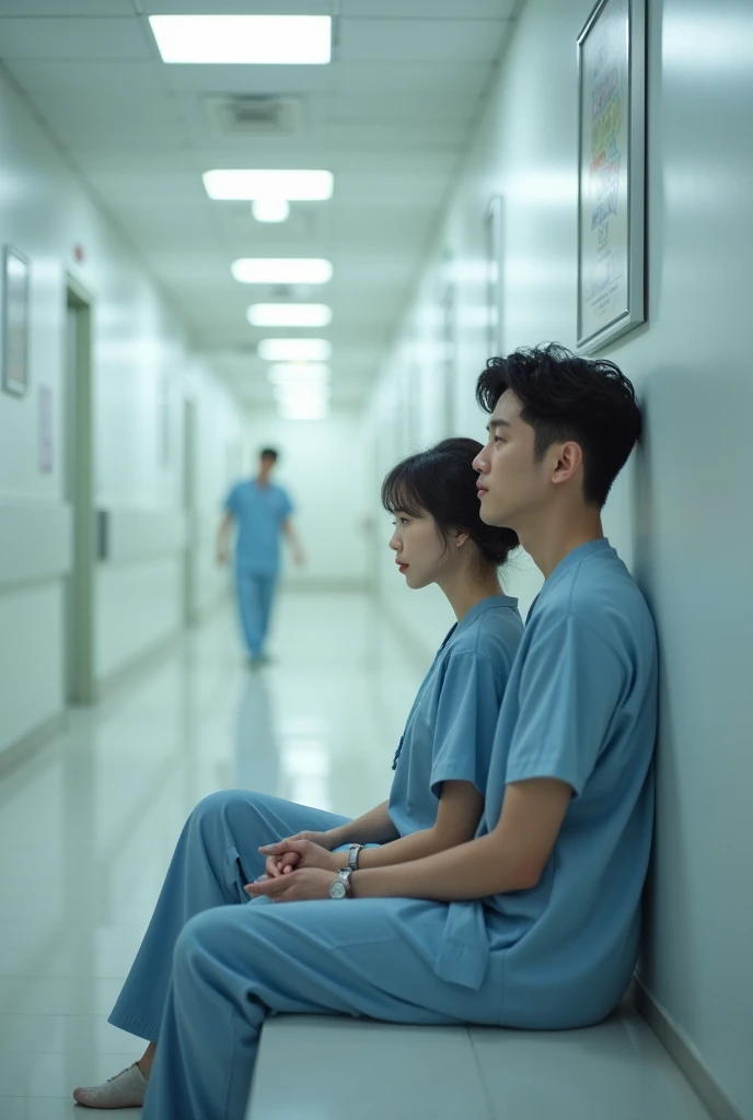 (photorealism:1.2), cute girl age 18, sitting on an hospital bed, wavy hair korean girl, wearing a knee length cute dress off shoulder,scared, her boyfriend pun age 22 is standing beside her and hugging her .doctor charn age 26 giving injection to her arm 