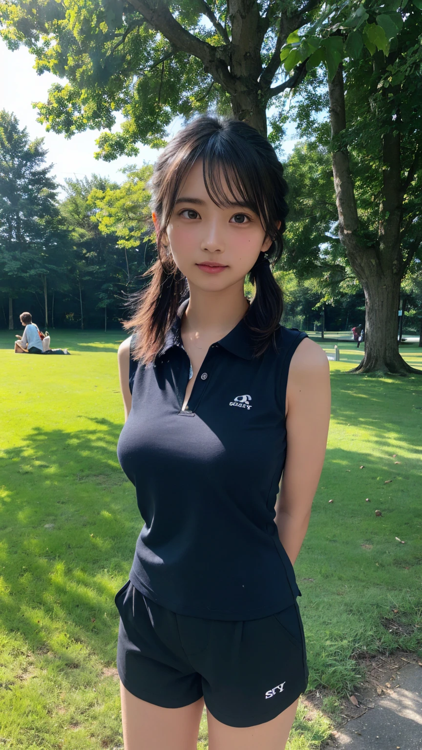 Beautiful woman looking at camera、detailed photo、petite person、(Slimed、small tit、flat boobs、small tit)、sexy pose:1.2、Wet body、sodden、sexy pose、Wet body、sodden、A slender、From above、Delicate and sexy collarbone、16-year-old woman、toru & Field Athlete、(Navy Blue Sport Mini Dress)、Painted from head to knee、Show your teeth and laugh out loud、playground