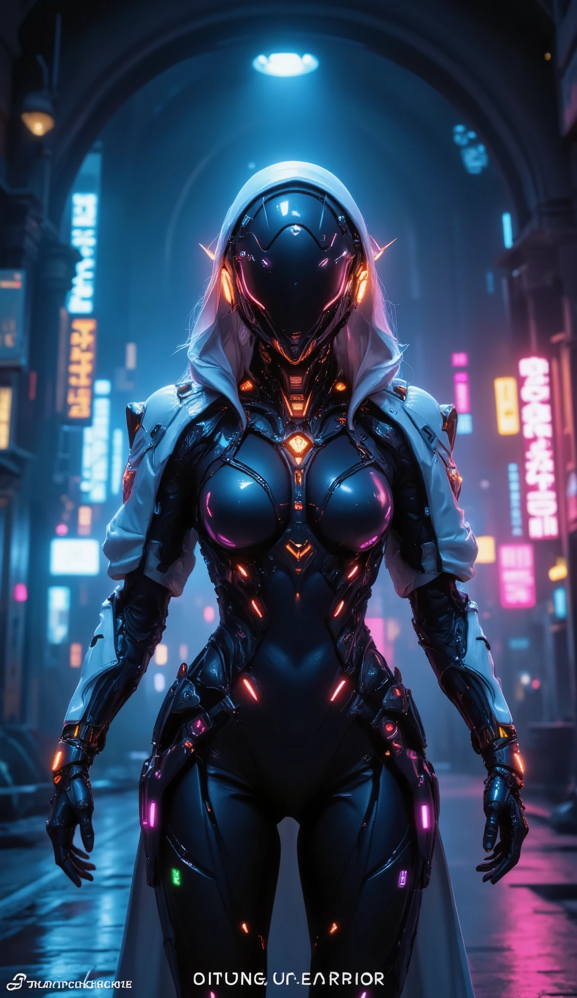 In the world of Warframe, Johanna de Armas emerges as a young woman, her form encased in a neon genesis evangelion style plugsuit, a testament to advanced futuristic exoskeletons. The exosuit, a fusion of futuristic baroque and rococo cyberpunk, is a marvel of design, featuring a white puffer jacket that adds a touch of elegance to her formidable appearance.
She stands in an opulent gothic cyber church, bathed in neon lights that cast dramatic shadows, emphasizing the off-center composition of the scene. The atmosphere is thick with the essence of retro cyberpunk art, reminiscent of the works by Keos Masons, and the painting style of Richard Gerstl, known for his vibrant expressionism and emotive, psychological intensity.
The street art and graffiti around her, with their vibrant colors and urban themes, reflect an 80's inspired synthwave aesthetic. The scene is a tapestry of neon, vibrant, and detailed elements that capture the essence of retro futurism. The shallow depth of field, vignette effect, and highly detailed rendering create a moody, epic atmosphere, reminiscent of a high-budget cinematic production.
The bokeh effect, cinemascope framing, and the addition of film grain give the image a grainy texture, enhancing its cinematic quality and adding to the overall gorgeousness of the scene. This is a world where technology and art collide, creating a visual spectacle that is both intense and beautiful.