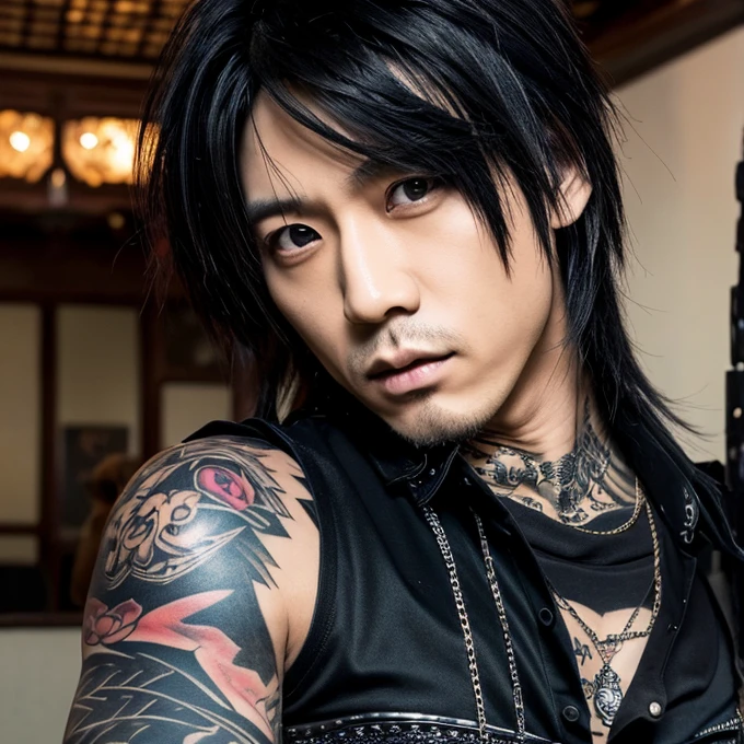 Japanese gothic rocker man, male, Asian eyes, muscular, broad shoulders, yakuza tattoos, hairstyle Visual Kei style, hair Visual Kei, black men's shirt and black pants, ultra detailed face, hyperrealistic, realistic representation, 30 years old, age 30 years,, blonde hair