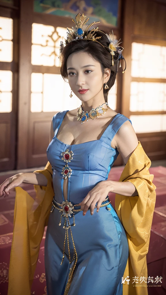  masterpiece,  best quality,  1 girl, ( Big Breasts )，(transparent blue silk)，(Jewelry)， ( gold)，( symmetrical design )， watching the audience , ( accurate、Perfect face shape:1.3)，（ beautiful fingers ），(Crotch front display )， Ultra HD， ray tracing,，Reflected Light， Correct structure ，The award-winning，high detail，Reduce shadow contrast ， facial lighting  ， Cinematic lighting ， masterpiece， Super Detailed ， high quality ，high detail，  best quality，16K，  high contrast  ， The Queen of China , yun ling, Song Nan Li , , gujian,  Zhao Yun, Chinese Princess，The sacred palace。