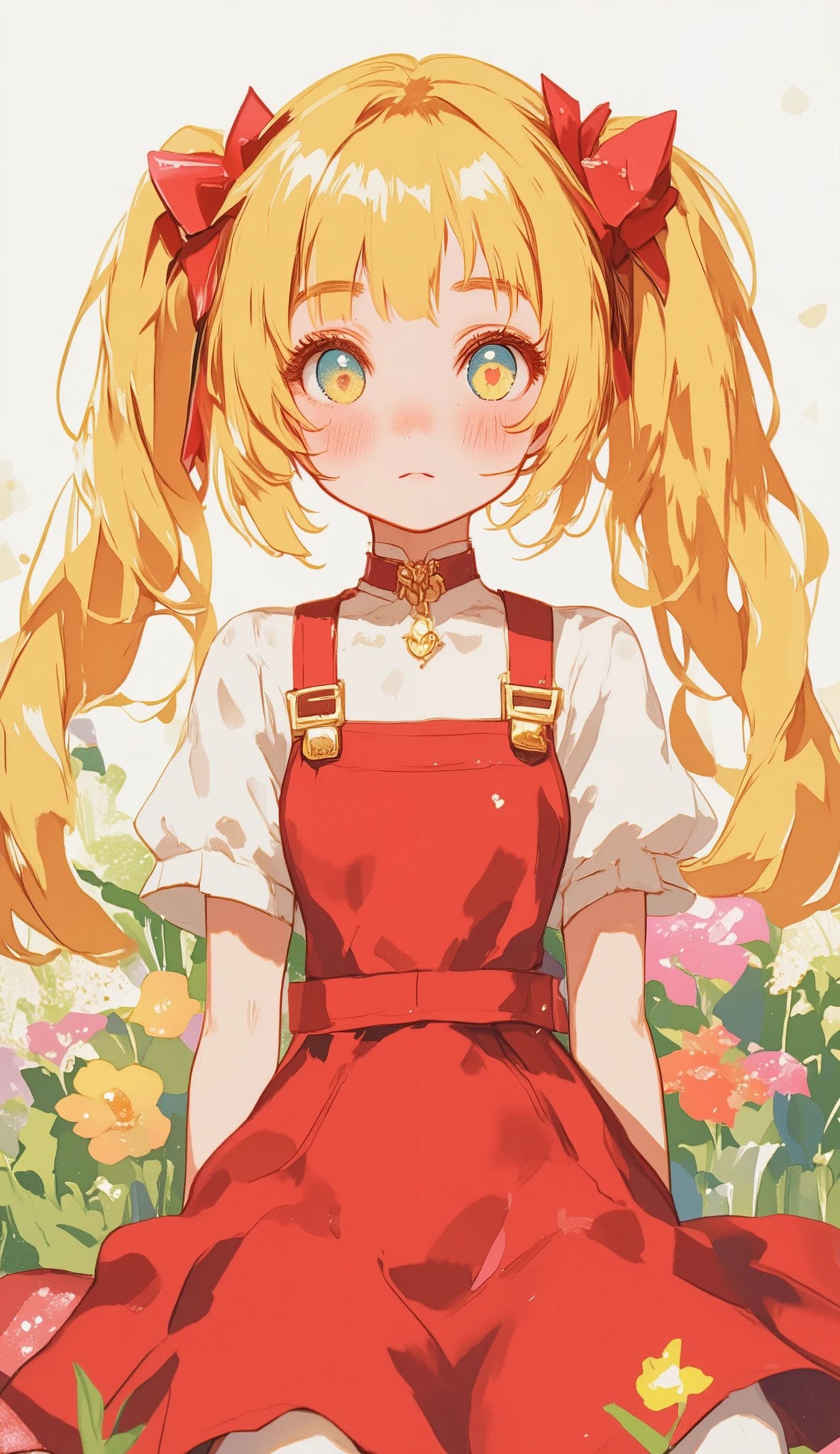  1 beautiful girl、Blonde、Wave middle twin tail、 red ribbon 、Freckles、 white skin、Red one piece dress、 big eyes、 girls' manga、
