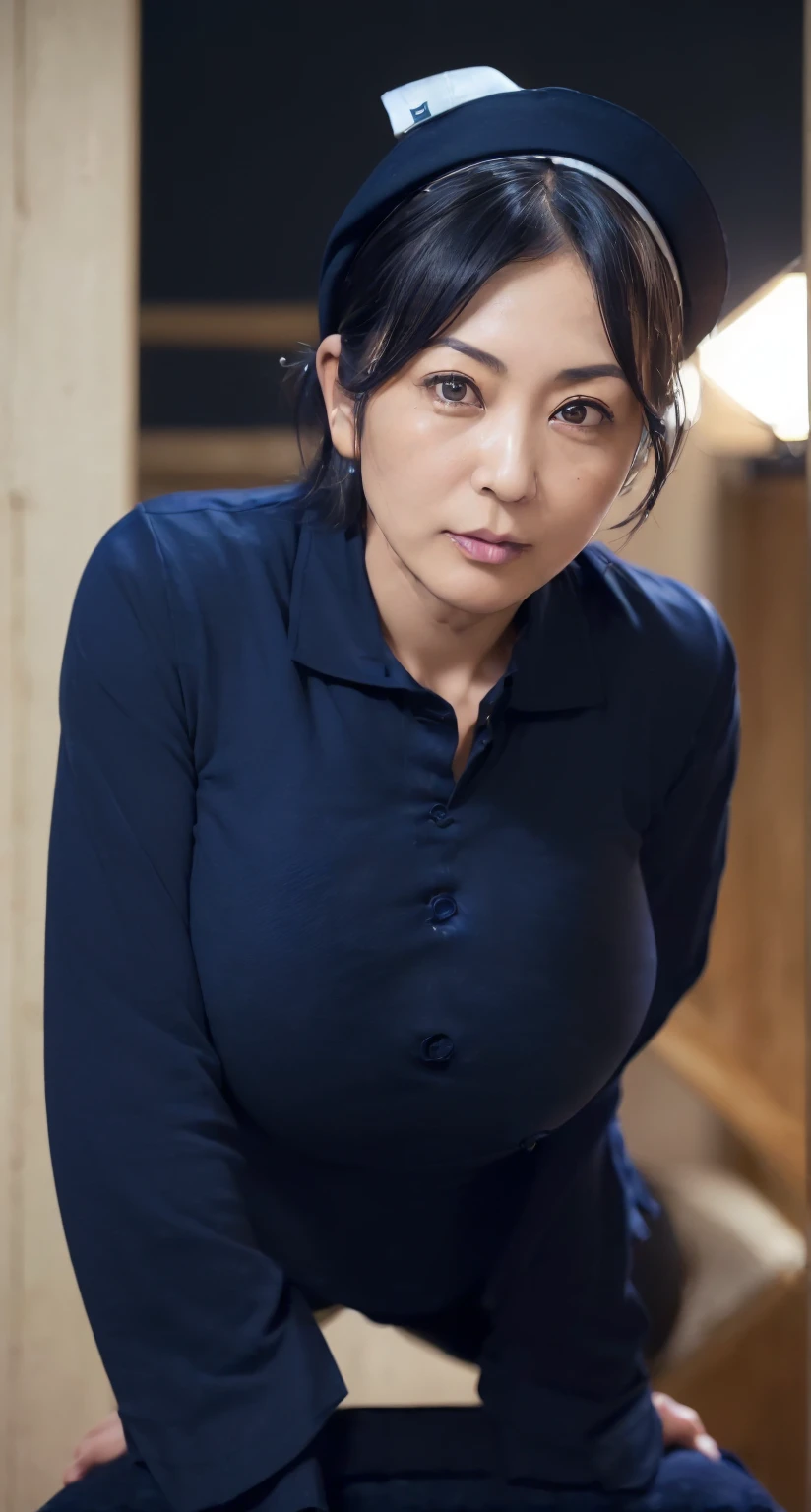 Aunt in Osaka、Organic Photography、best quality、masterpiece、Ultra-high resolution、Beautiful old lady、50 years old、Elegant face，Wear a business shirt，Short skirt，Huge sagging chest contour，Wavy Hair、Real skin texture，sideways，Revealing smooth and plump thighs，Corridor background，Background blur