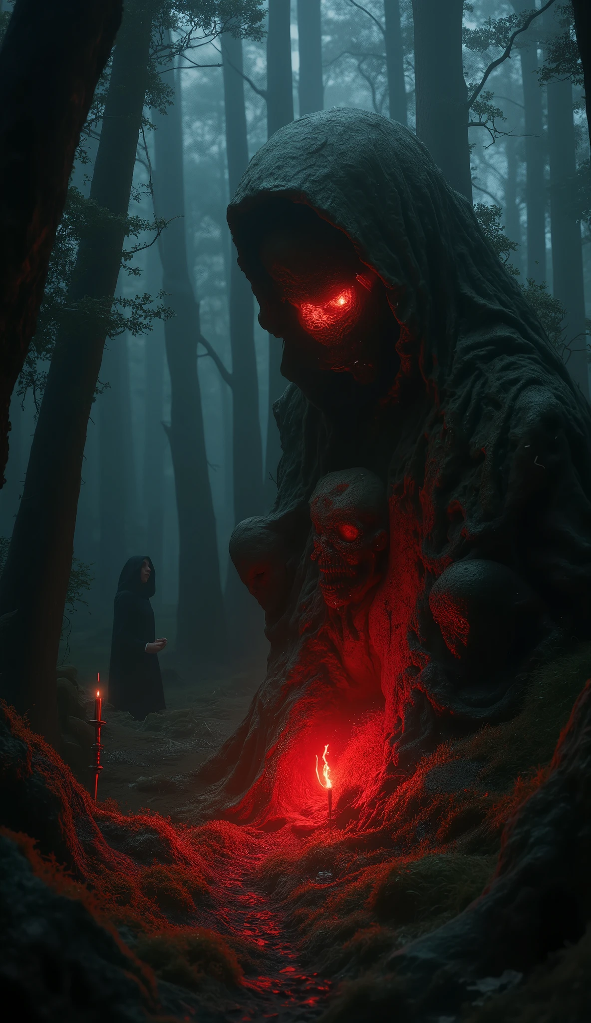 A cursed headless statue deep in the forest, the fallen head resting in its hands, its eyes emitting a frightening red light, the entire statue covered in moss and large trees, the statue being the only light shining on it in the dim forest, a terrifying aura emanating from the statue, suspicious offerings being made, a flame being lit in a suspicious candlestick, the silhouette of a mysterious witch in a black robe from behind with her hands raised to the sky in prayer